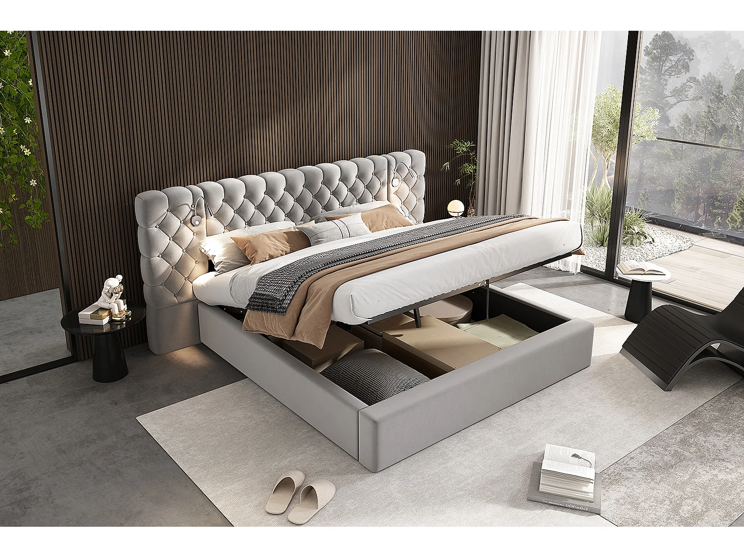 Lit coffre 160 x 200 cm avec grand tête de lit et lampe de nuit - Velours - Coloris Gris (Sans matelas)