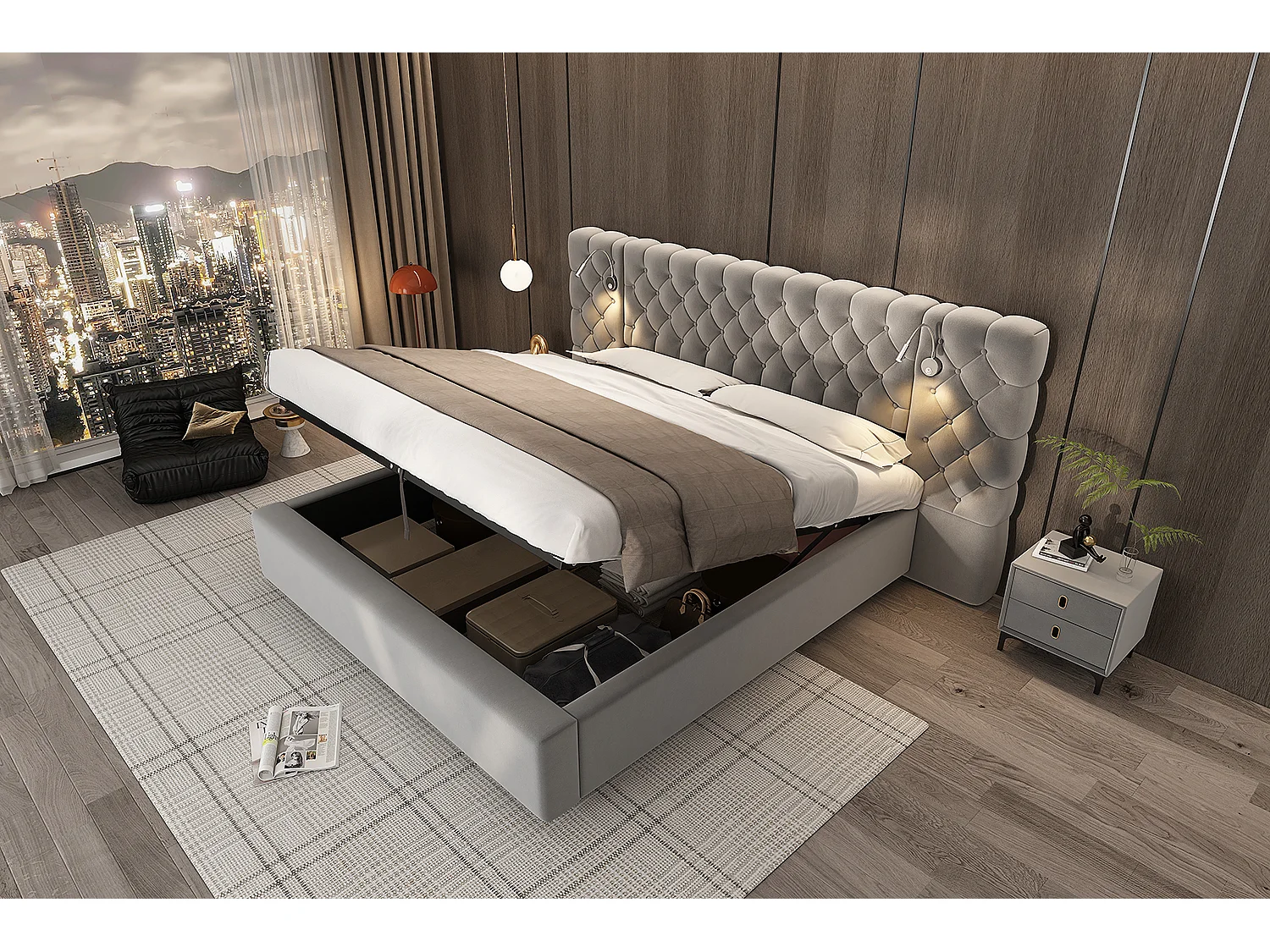 Lit coffre 160 x 200 cm avec grand tête de lit et lampe de nuit - Velours - Coloris Gris (Sans matelas)