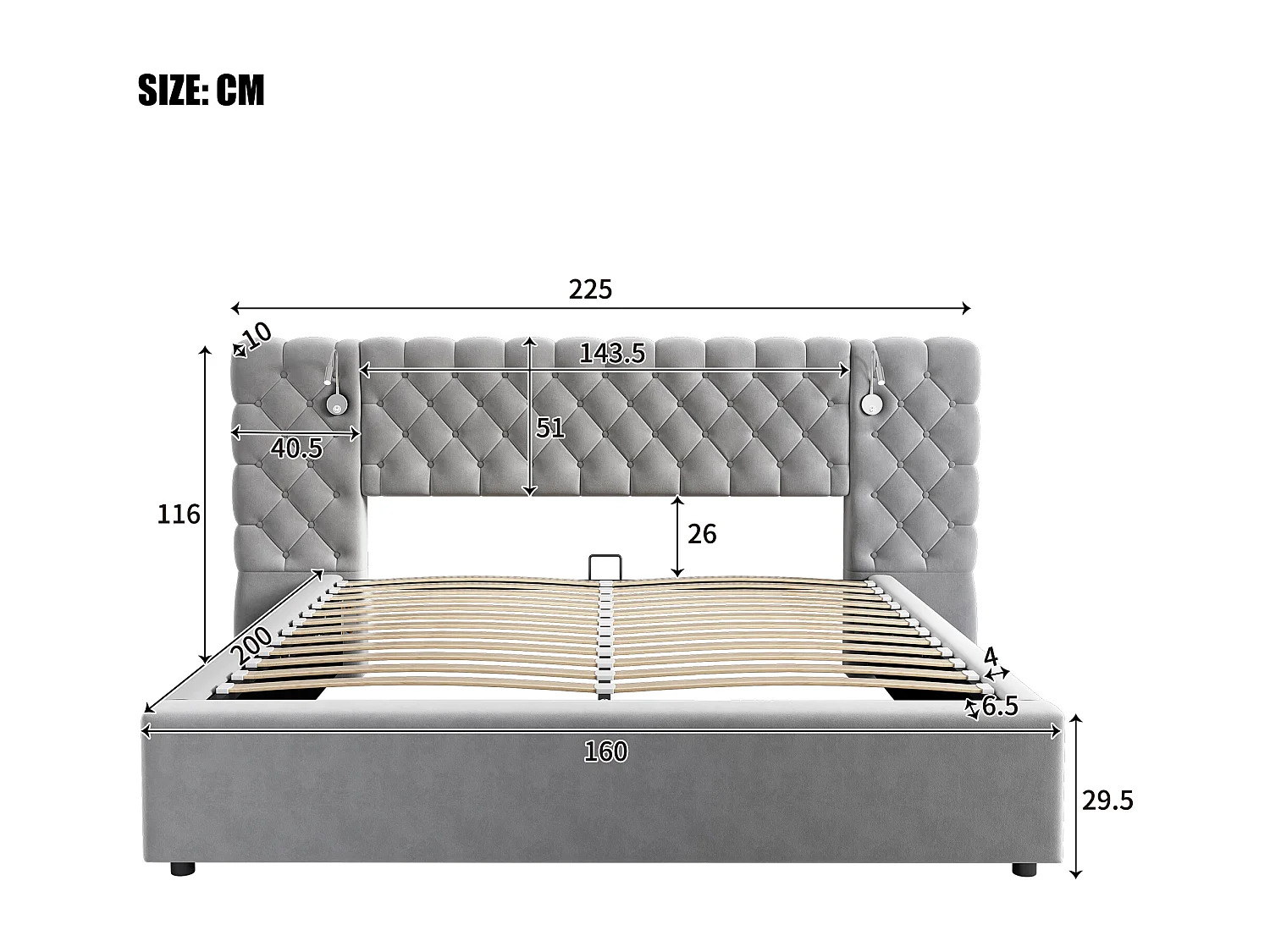 Lit coffre 160 x 200 cm avec grand tête de lit et lampe de nuit - Velours - Coloris Gris (Sans matelas)