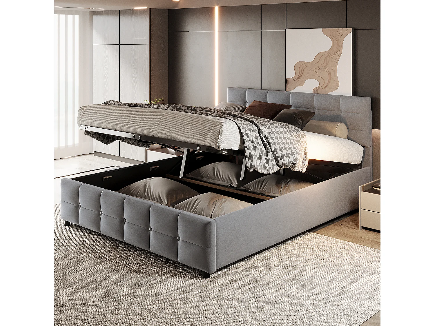 Opbergbed 180 x 200 cm met hoofdeinde - Fluweel - Lattenbodem - Grijs