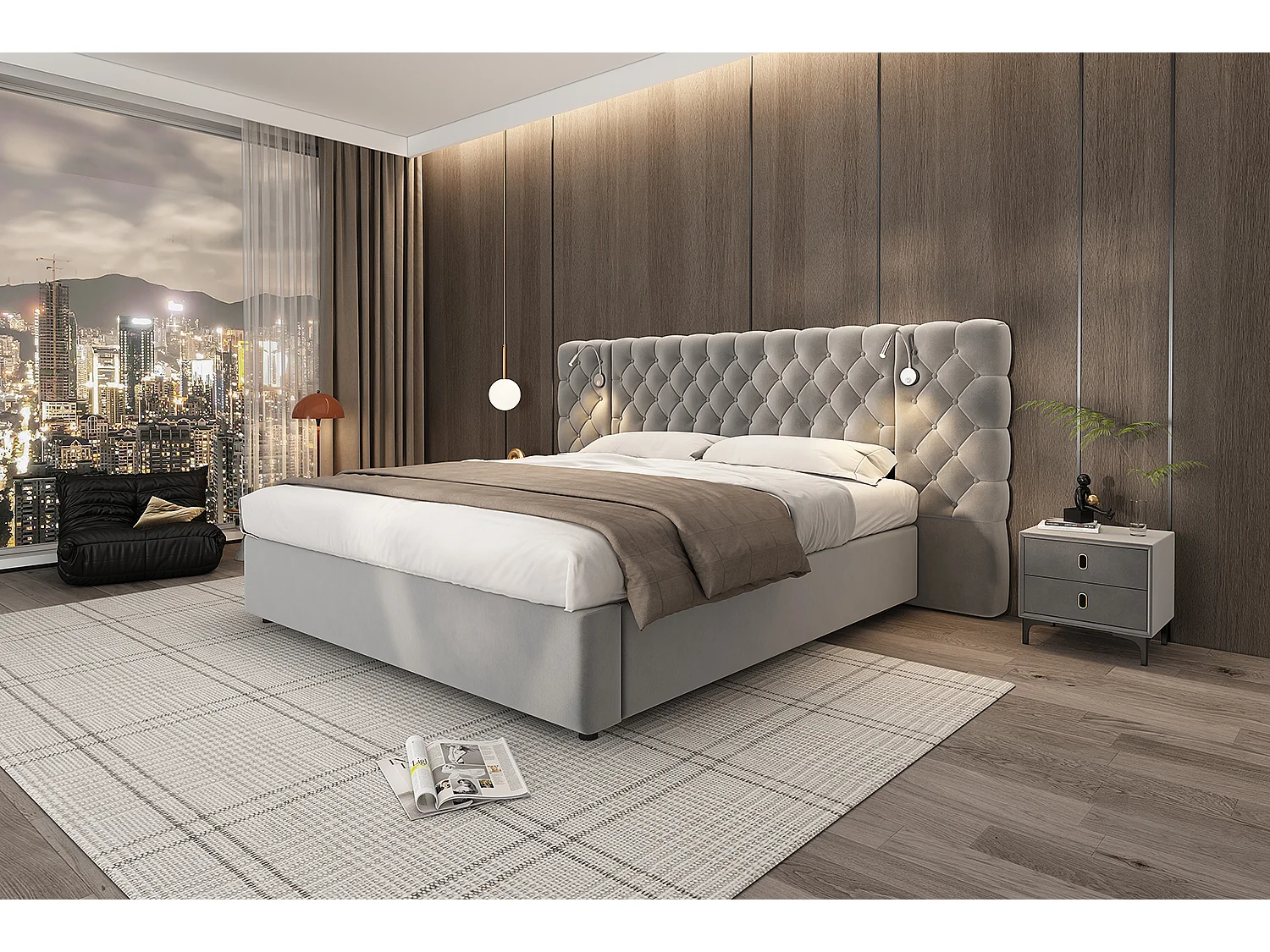 Lit coffre 180 x 200 cm avec grand tête de lit et lampe de nuit - Velours - Coloris Gris (Sans matelas)