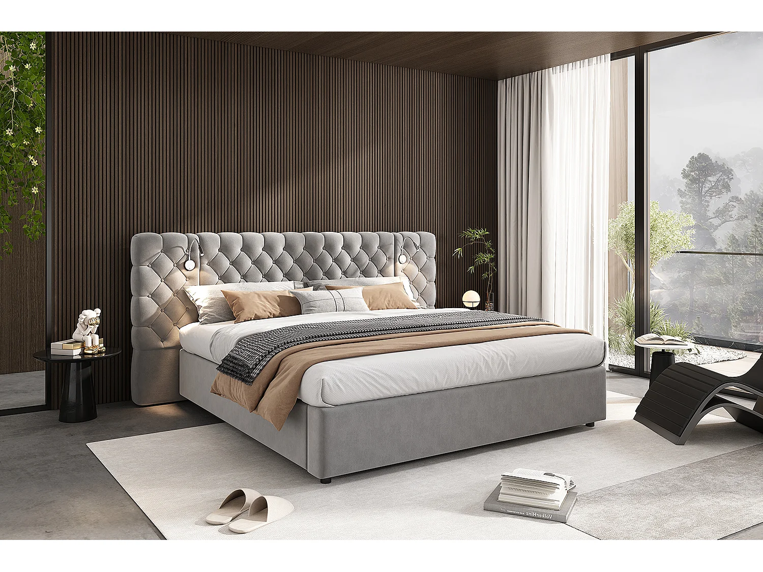 Lit coffre 180 x 200 cm avec grand tête de lit et lampe de nuit - Velours - Coloris Gris (Sans matelas)