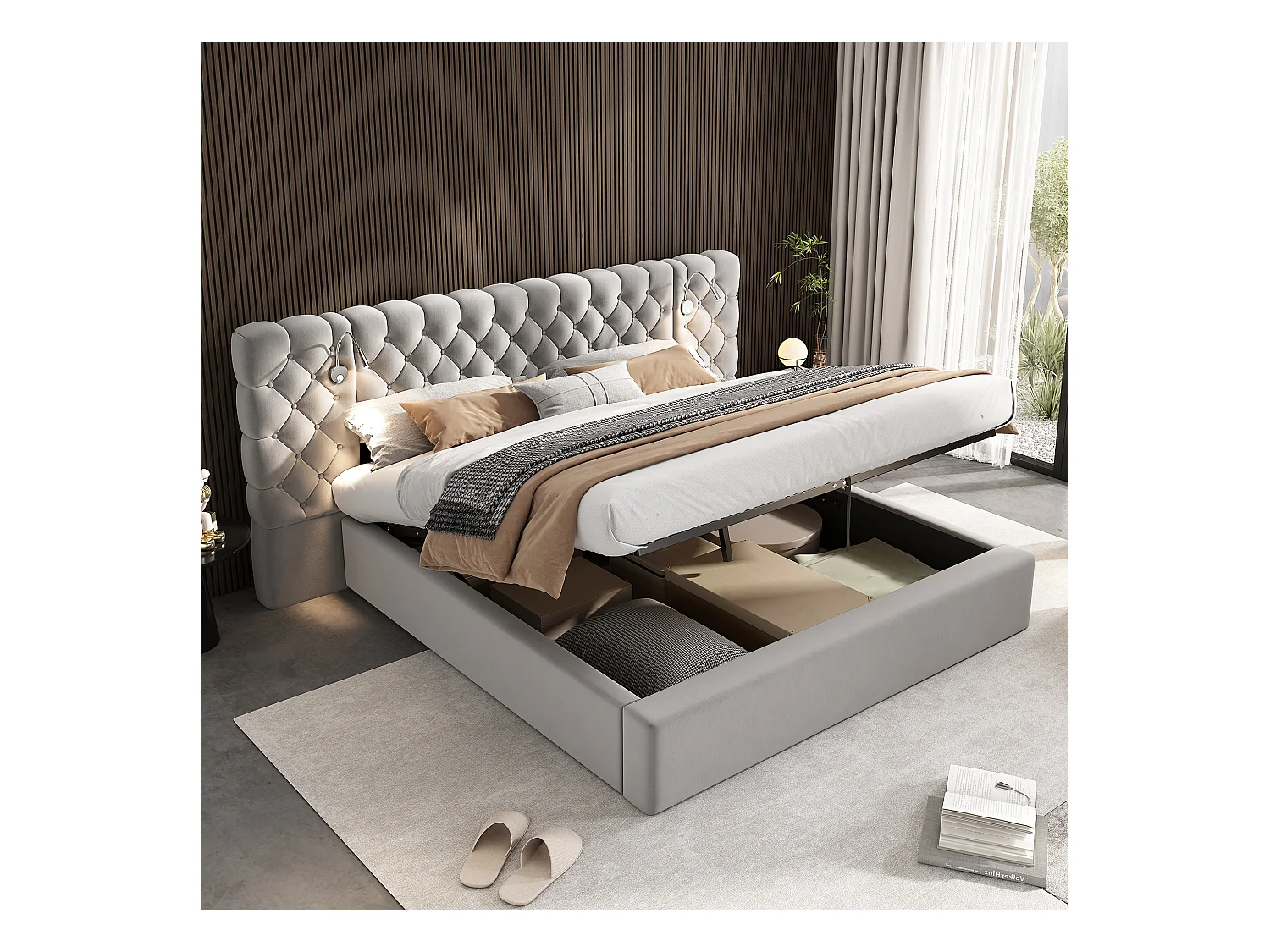 Cama contenedor 180 x 200 cm con cabecero grande y lámpara de noche - Terciopelo - Color gris (Sin colchón)