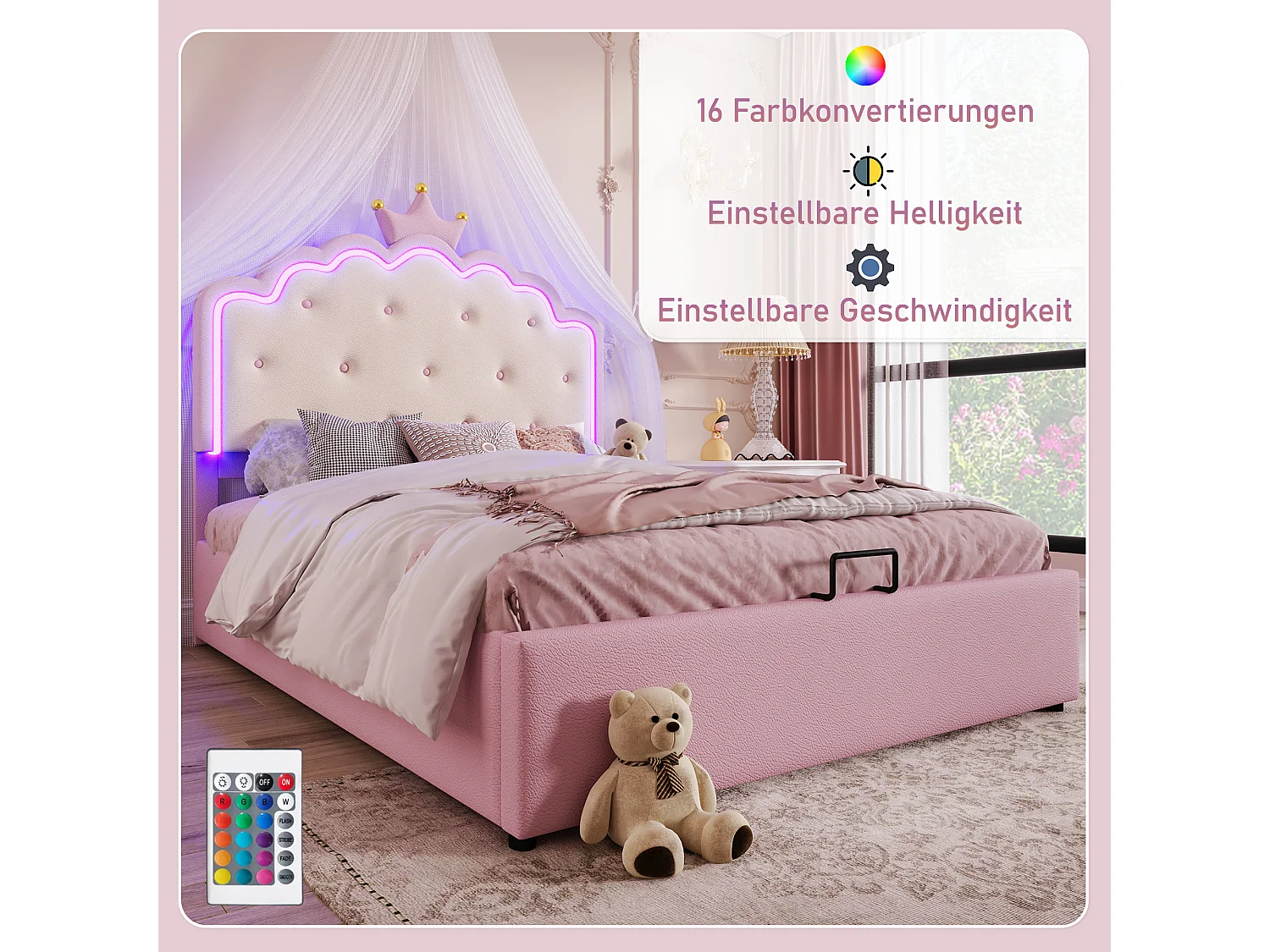 Cama arrumação 140 x 200 cm com cabeceira em coroa - Couro PU - LEDs - Base de ripas - Rosa (Sem colchão)