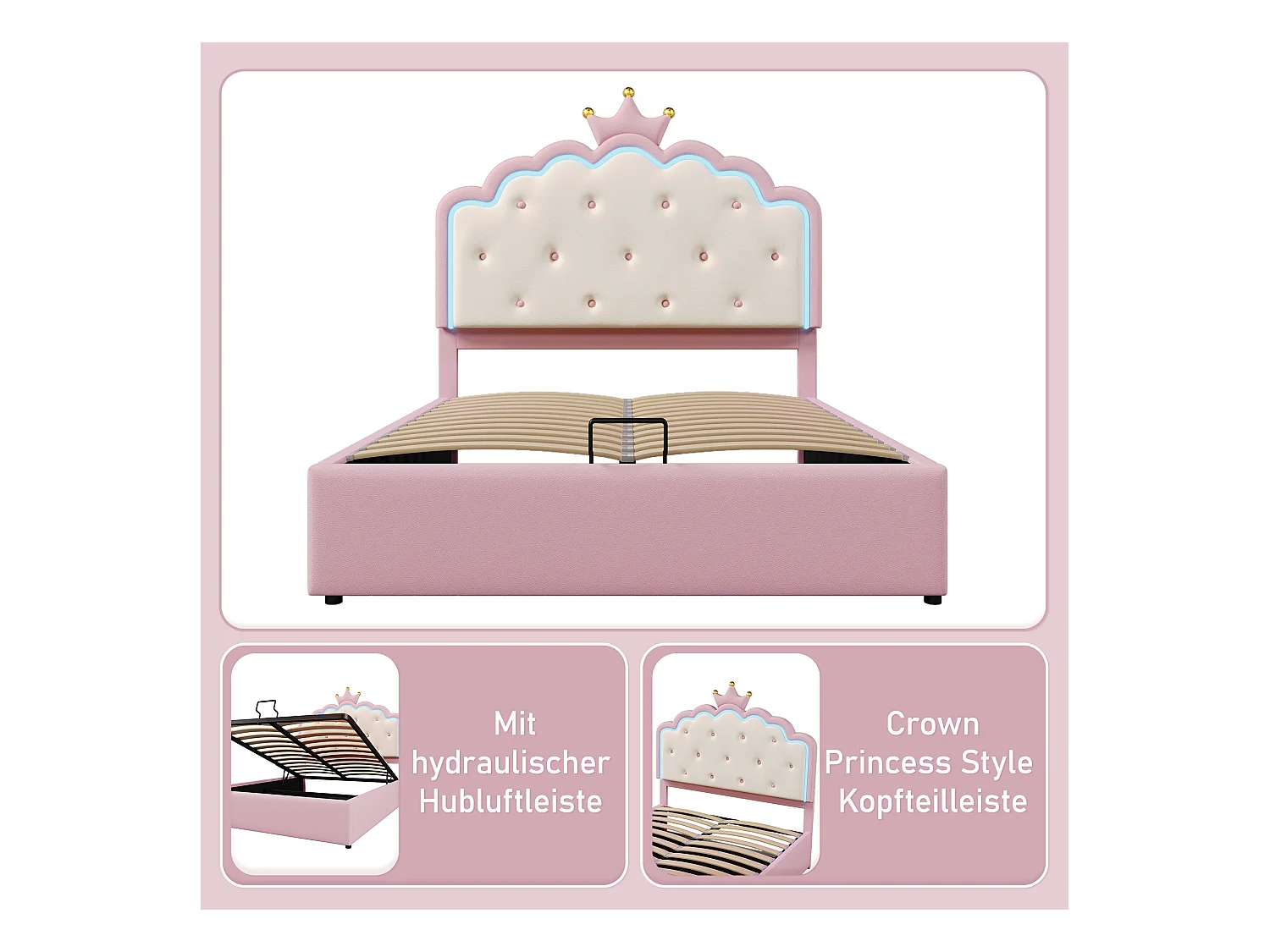 Cama arrumação 140 x 200 cm com cabeceira em coroa - Couro PU - LEDs - Base de ripas - Rosa (Sem colchão)