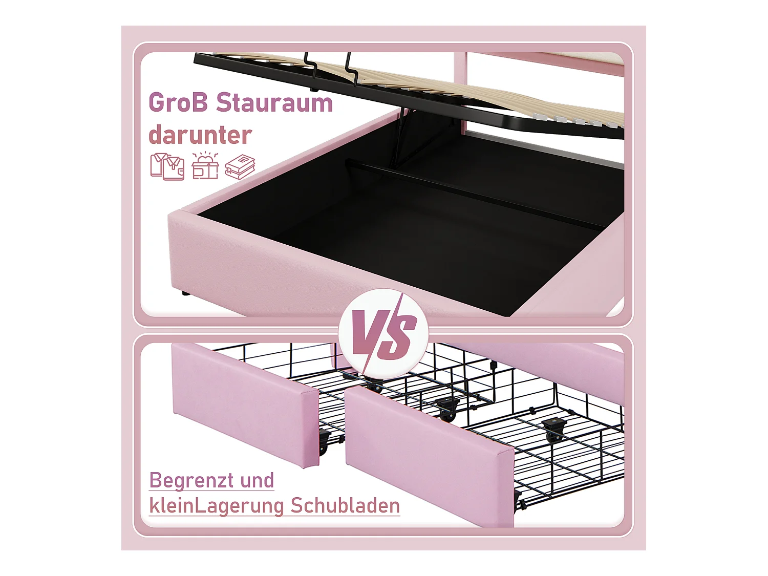 Cama arrumação 140 x 200 cm com cabeceira em coroa - Couro PU - LEDs - Base de ripas - Rosa (Sem colchão)