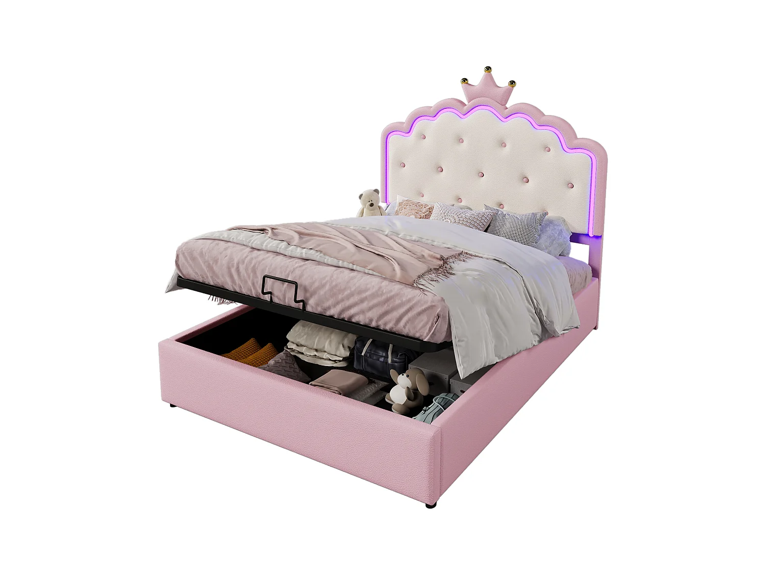 Cama arrumação 140 x 200 cm com cabeceira em coroa - Couro PU - LEDs - Base de ripas - Rosa (Sem colchão)