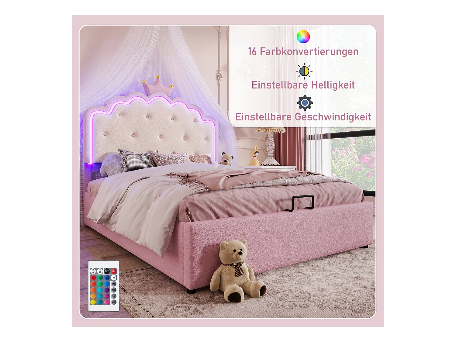 Lit coffre 140 x 200 cm avec tête de lit en couronne - Cuir PU - LEDs - Sommier à lattes - Rose (Sans matelas)