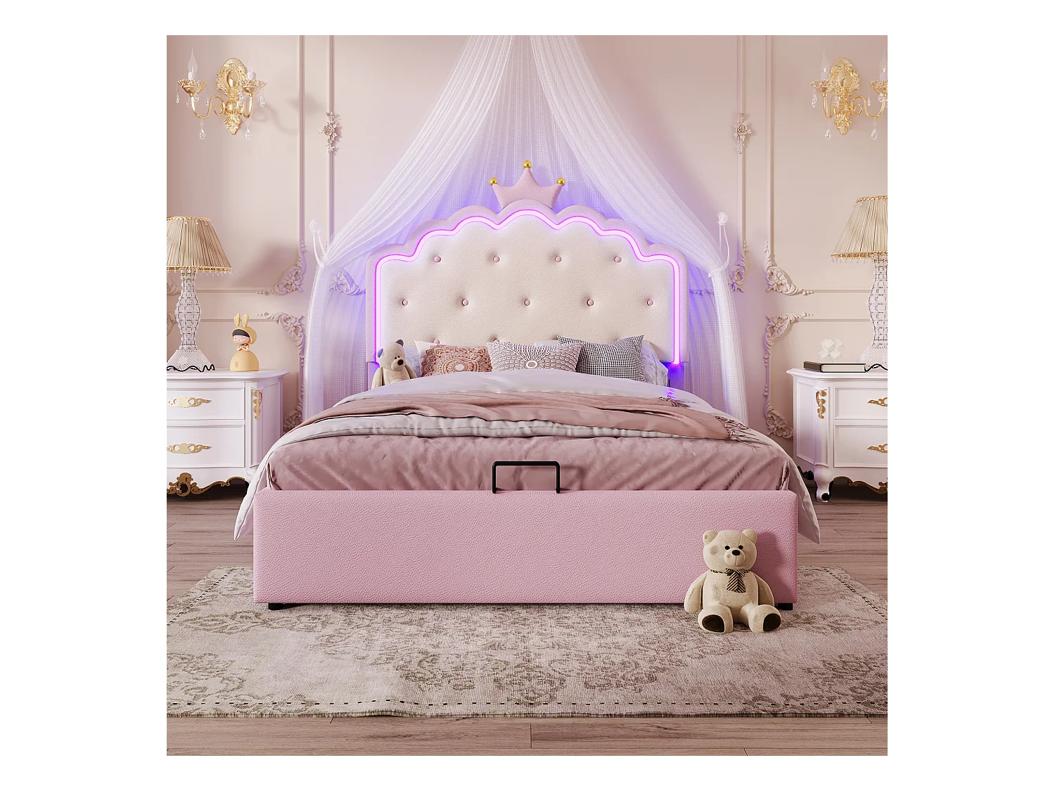 Lit coffre 140 x 200 cm avec tête de lit en couronne - Cuir PU - LEDs - Sommier à lattes - Rose (Sans matelas)