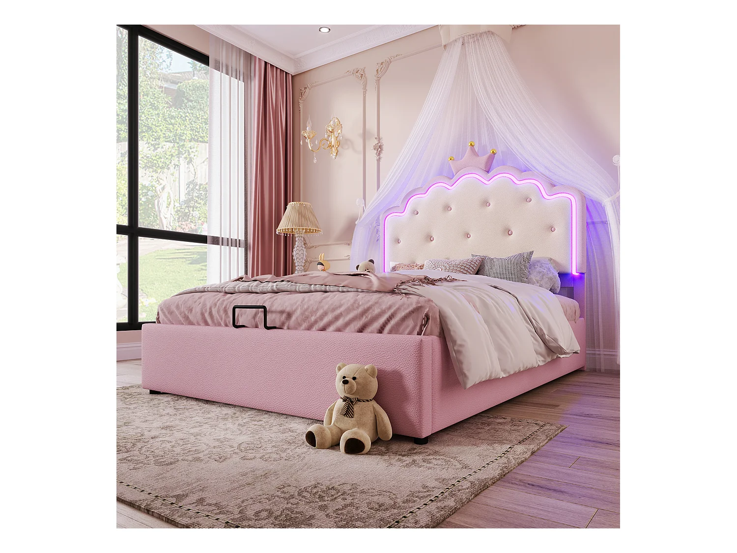Lit coffre 140 x 200 cm avec tête de lit en couronne - Cuir PU - LEDs - Sommier à lattes - Rose (Sans matelas)