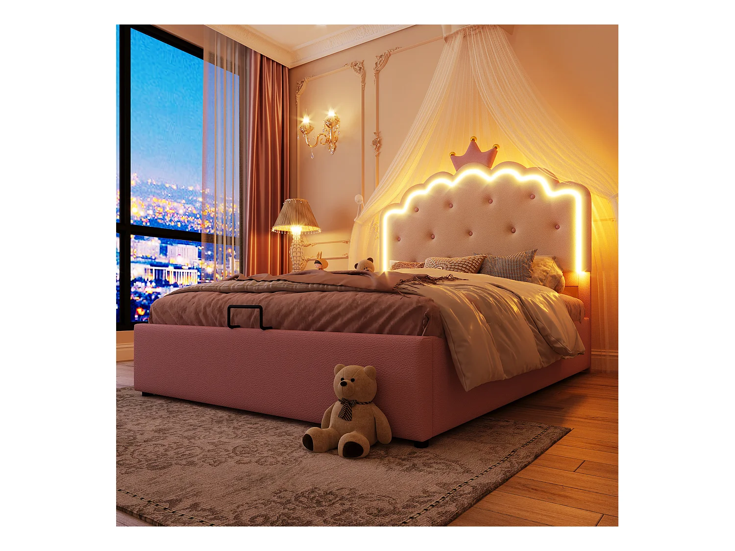 Lit coffre 140 x 200 cm avec tête de lit en couronne - Cuir PU - LEDs - Sommier à lattes - Rose (Sans matelas)