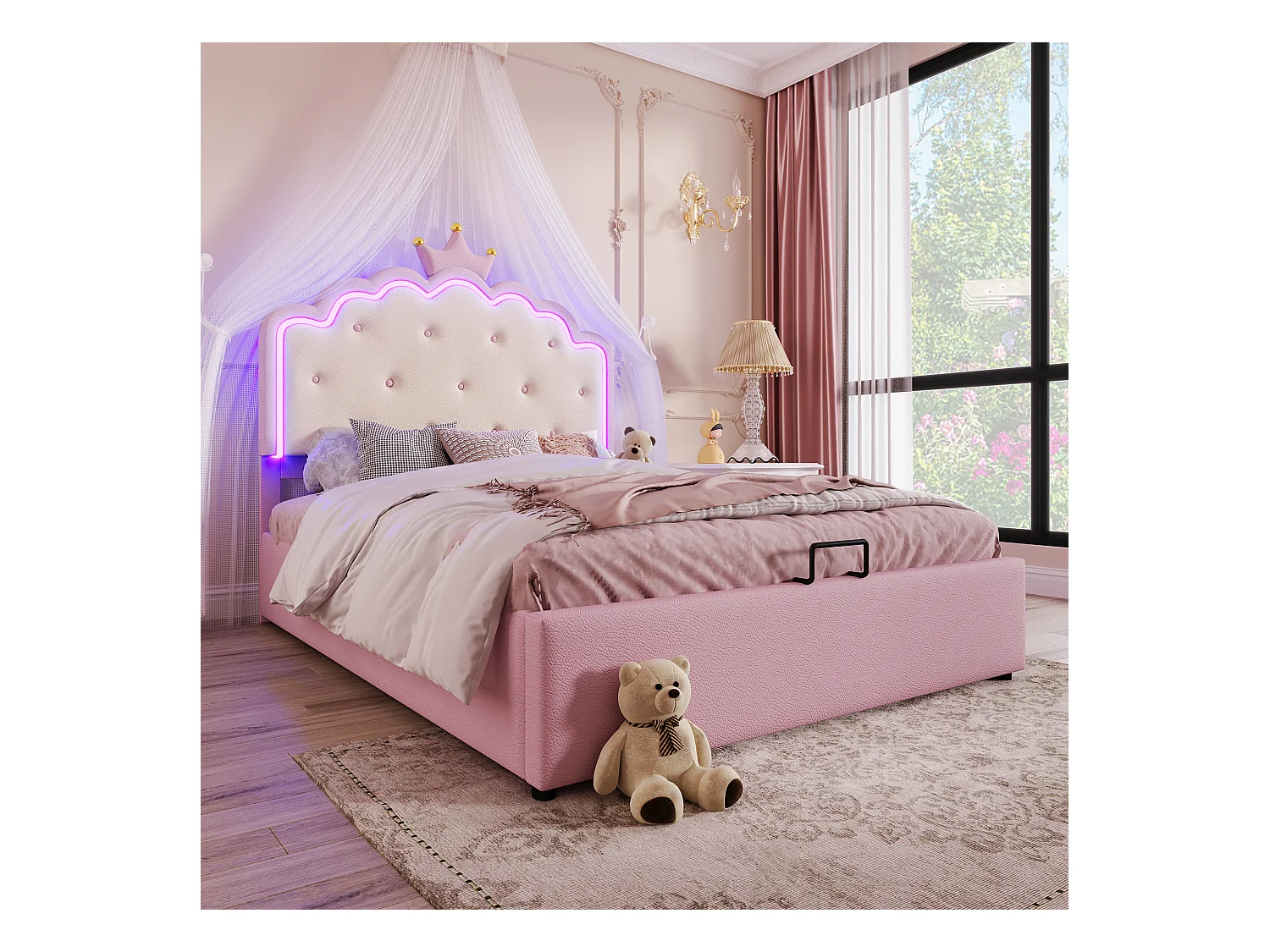 Lit coffre 140 x 200 cm avec tête de lit en couronne - Cuir PU - LEDs - Sommier à lattes - Rose (Sans matelas)