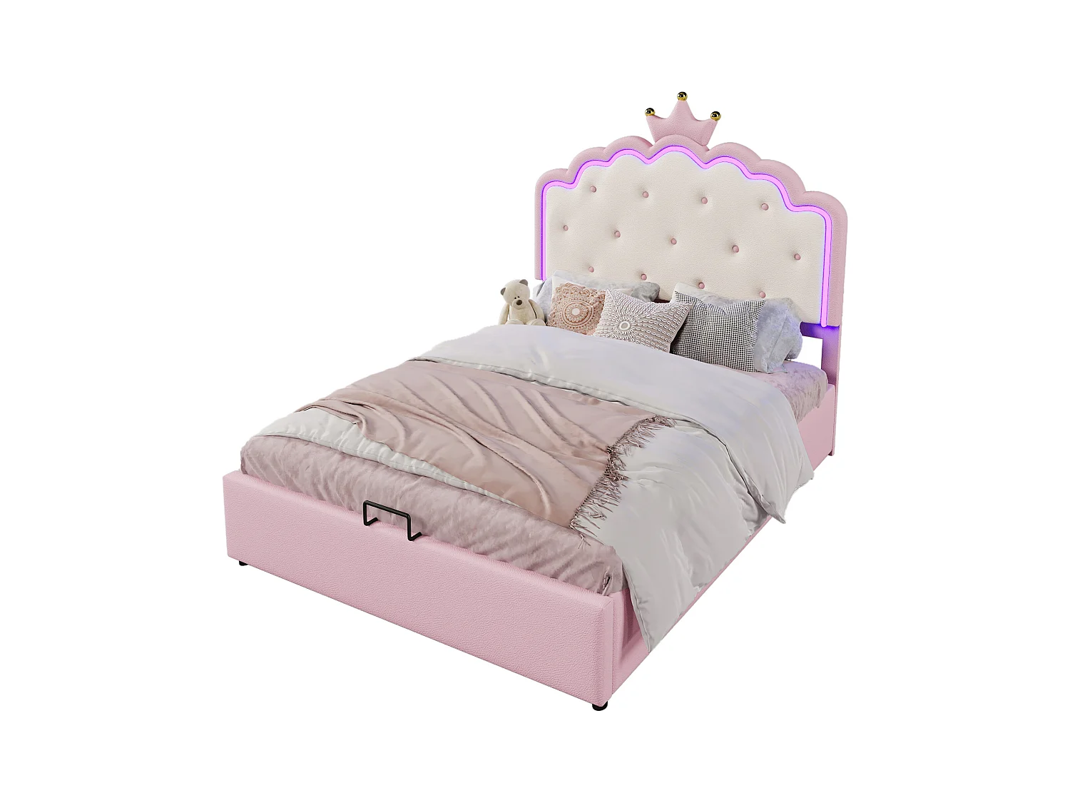 Lit coffre 140 x 200 cm avec tête de lit en couronne - Cuir PU - LEDs - Sommier à lattes - Rose (Sans matelas)
