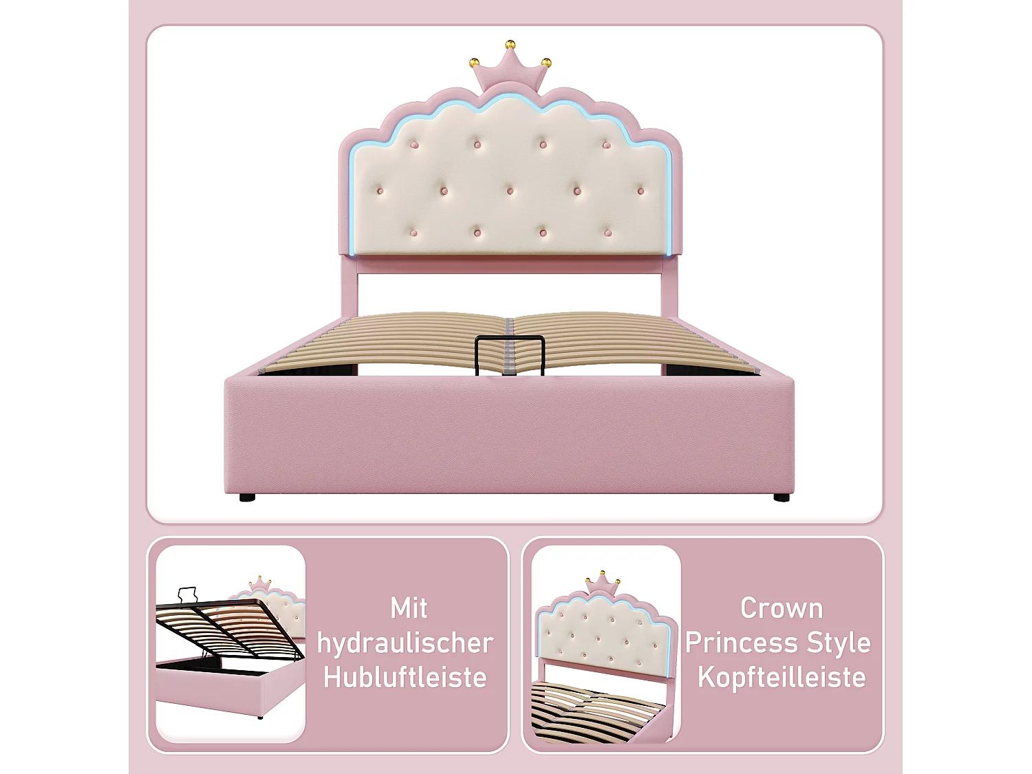 Lit coffre 140 x 200 cm avec tête de lit en couronne - Cuir PU - LEDs - Sommier à lattes - Rose (Sans matelas)