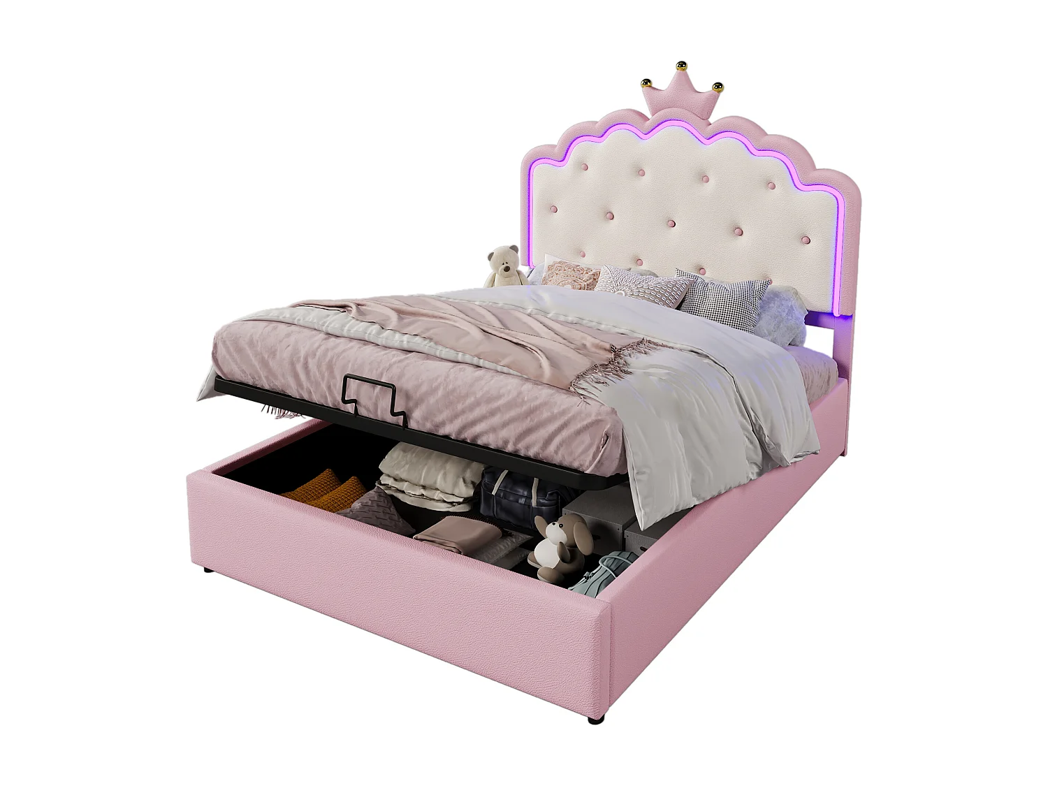 Lit coffre 140 x 200 cm avec tête de lit en couronne - Cuir PU - LEDs - Sommier à lattes - Rose (Sans matelas)