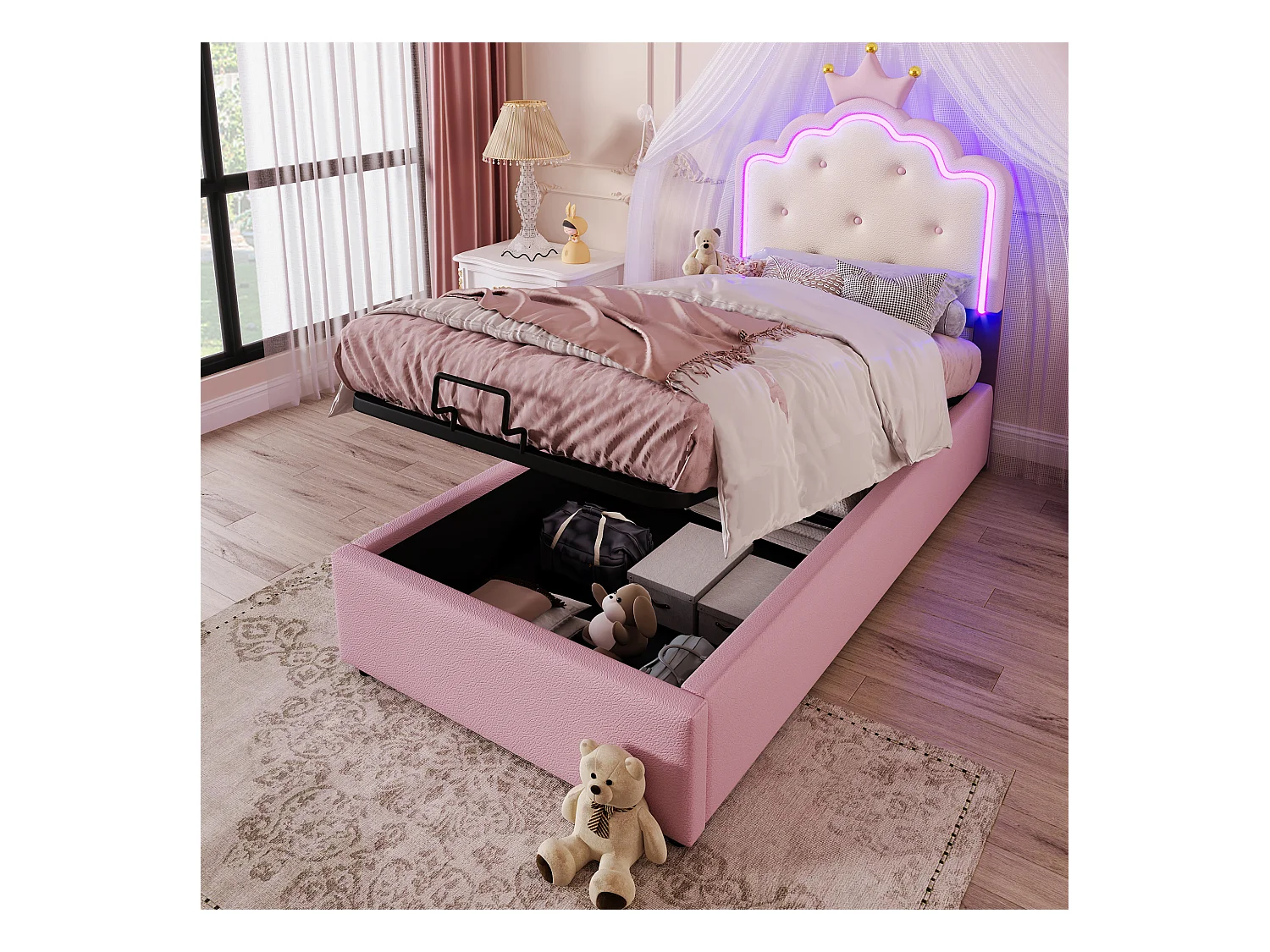 Lit coffre 90 x 200 cm avec tête de lit en couronne - Cuir PU - LEDs - Sommier à lattes - Rose (Sans matelas)