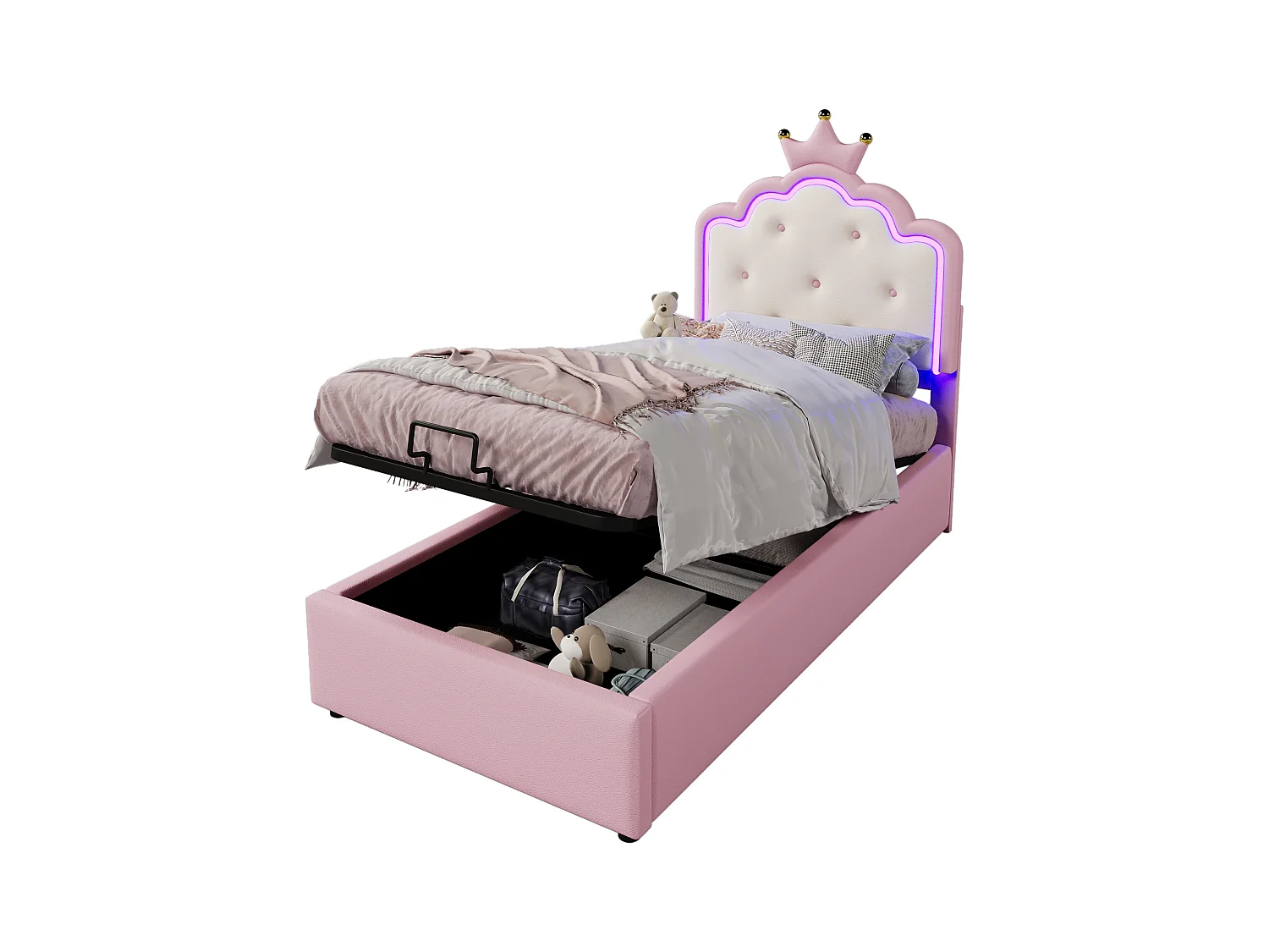 Lit coffre 90 x 200 cm avec tête de lit en couronne - Cuir PU - LEDs - Sommier à lattes - Rose (Sans matelas)