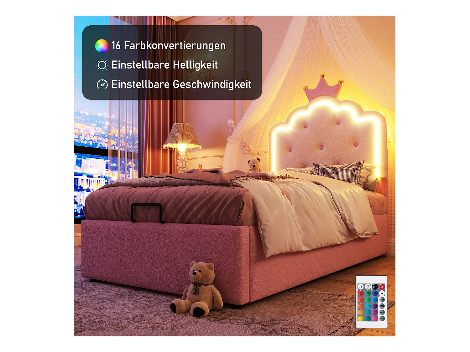 Lit coffre 90 x 200 cm avec tête de lit en couronne - Cuir PU - LEDs - Sommier à lattes - Rose (Sans matelas)