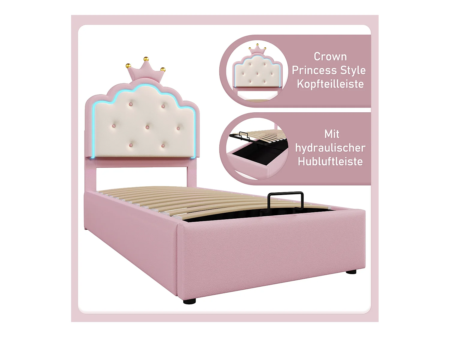 Lit coffre 90 x 200 cm avec tête de lit en couronne - Cuir PU - LEDs - Sommier à lattes - Rose (Sans matelas)