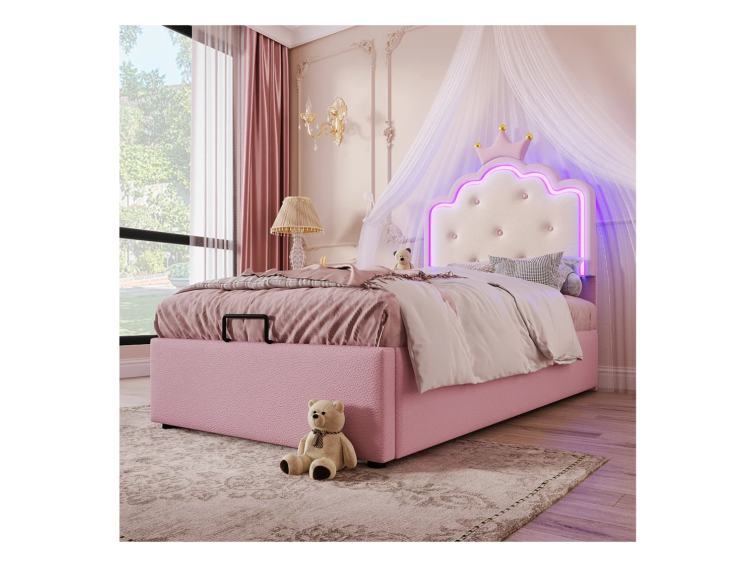 Lit coffre 90 x 200 cm avec tête de lit en couronne - Cuir PU - LEDs - Sommier à lattes - Rose (Sans matelas)