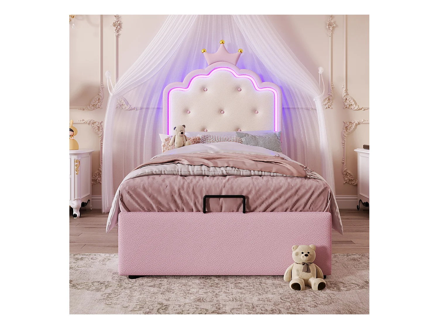 Lit coffre 90 x 200 cm avec tête de lit en couronne - Cuir PU - LEDs - Sommier à lattes - Rose (Sans matelas)