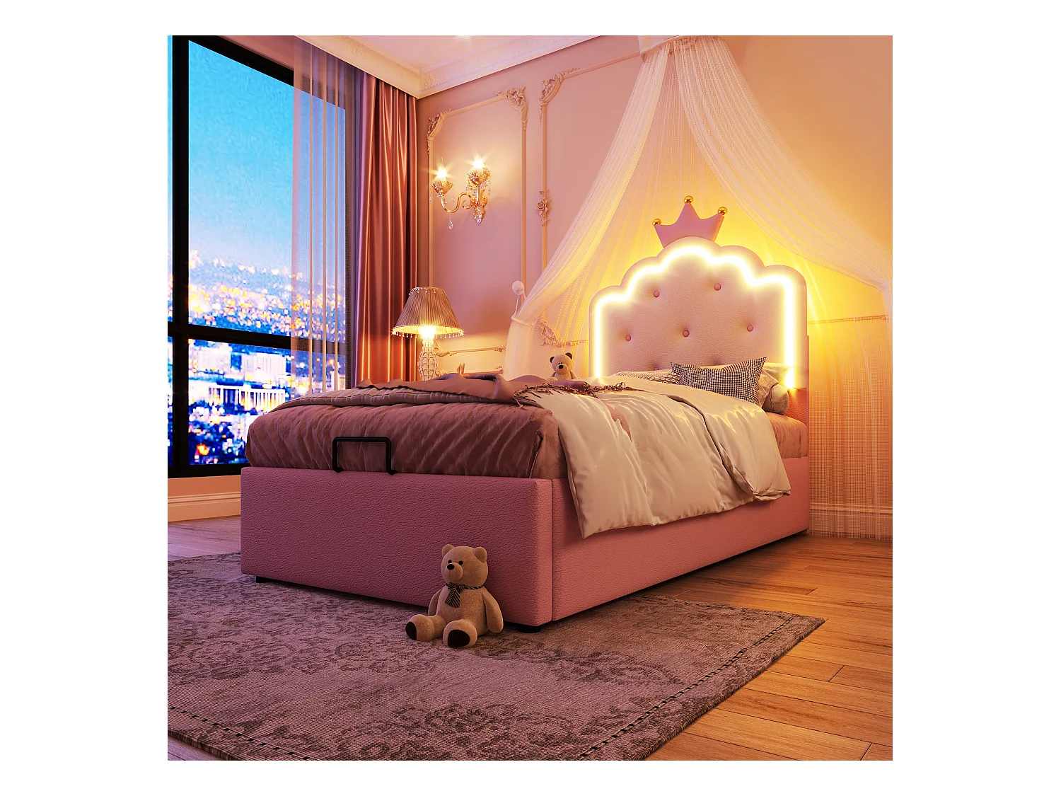 Lit coffre 90 x 200 cm avec tête de lit en couronne - Cuir PU - LEDs - Sommier à lattes - Rose (Sans matelas)