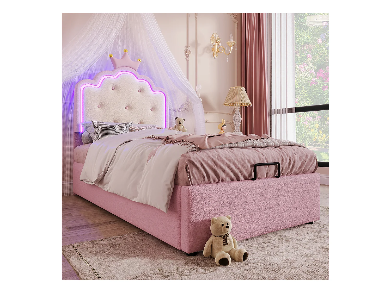 Lit coffre 90 x 200 cm avec tête de lit en couronne - Cuir PU - LEDs - Sommier à lattes - Rose (Sans matelas)