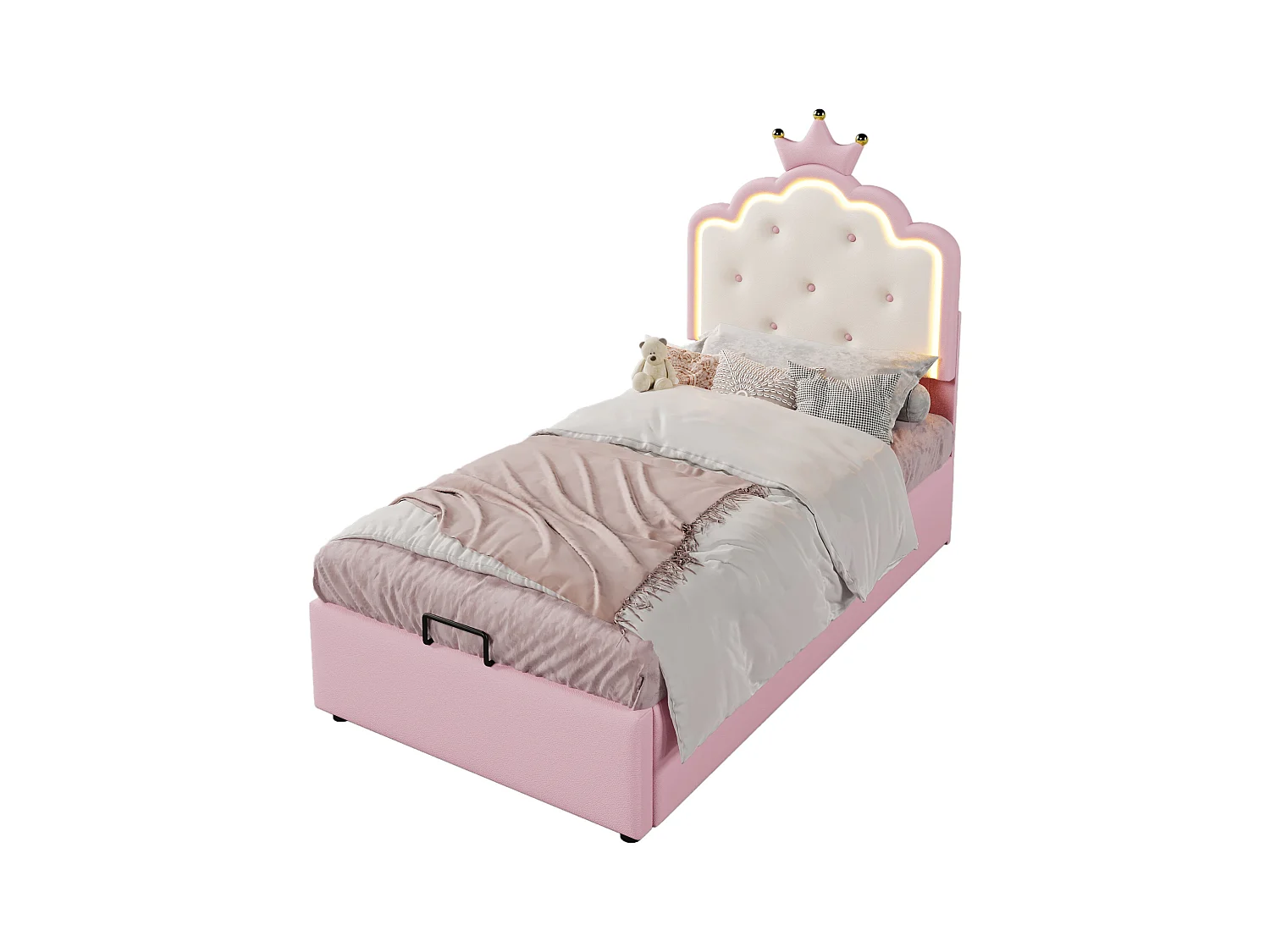 Lit coffre 90 x 200 cm avec tête de lit en couronne - Cuir PU - LEDs - Sommier à lattes - Rose (Sans matelas)