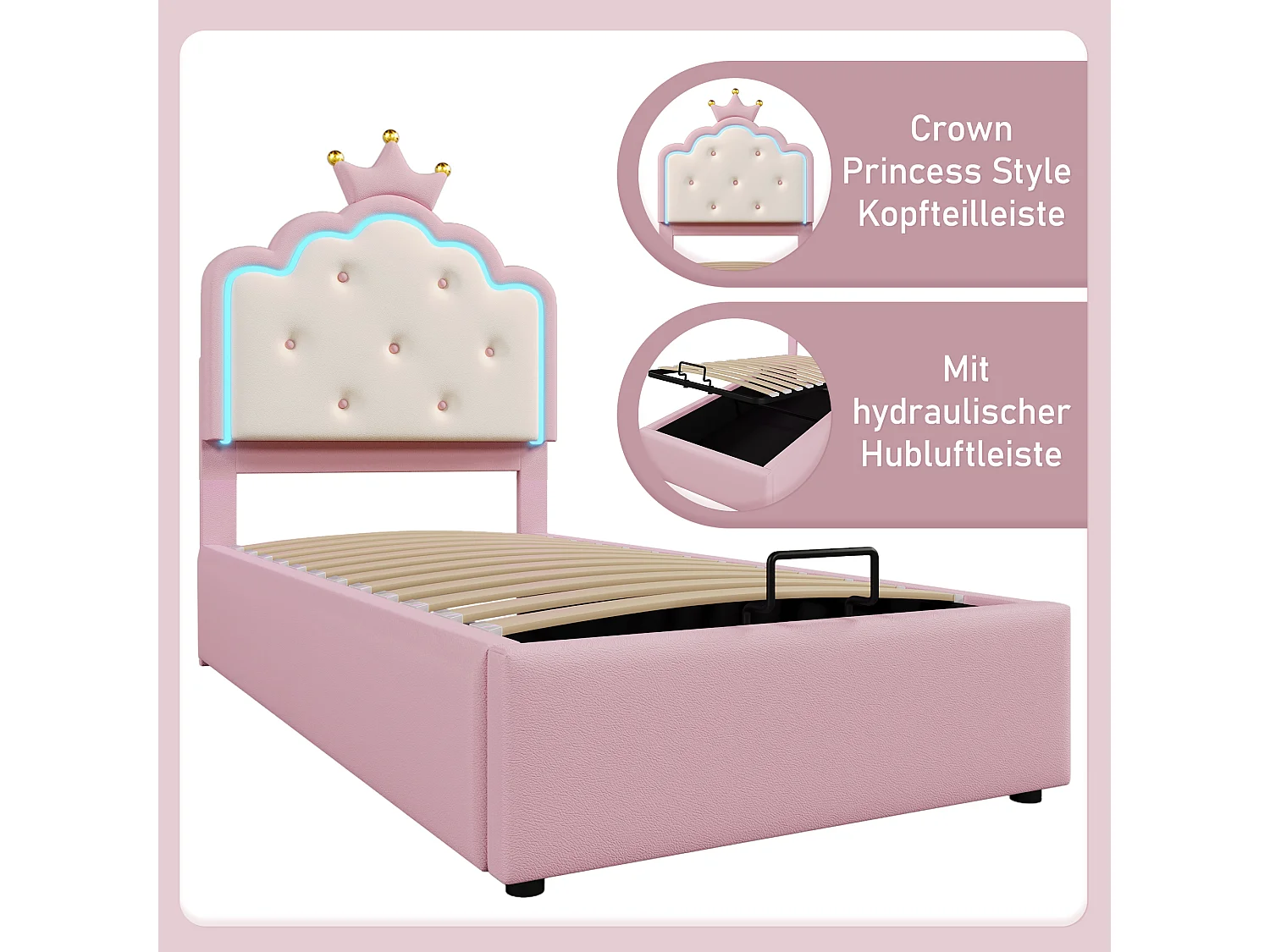 Lit coffre 90 x 200 cm avec tête de lit en couronne - Cuir PU - LEDs - Sommier à lattes - Rose (Sans matelas)