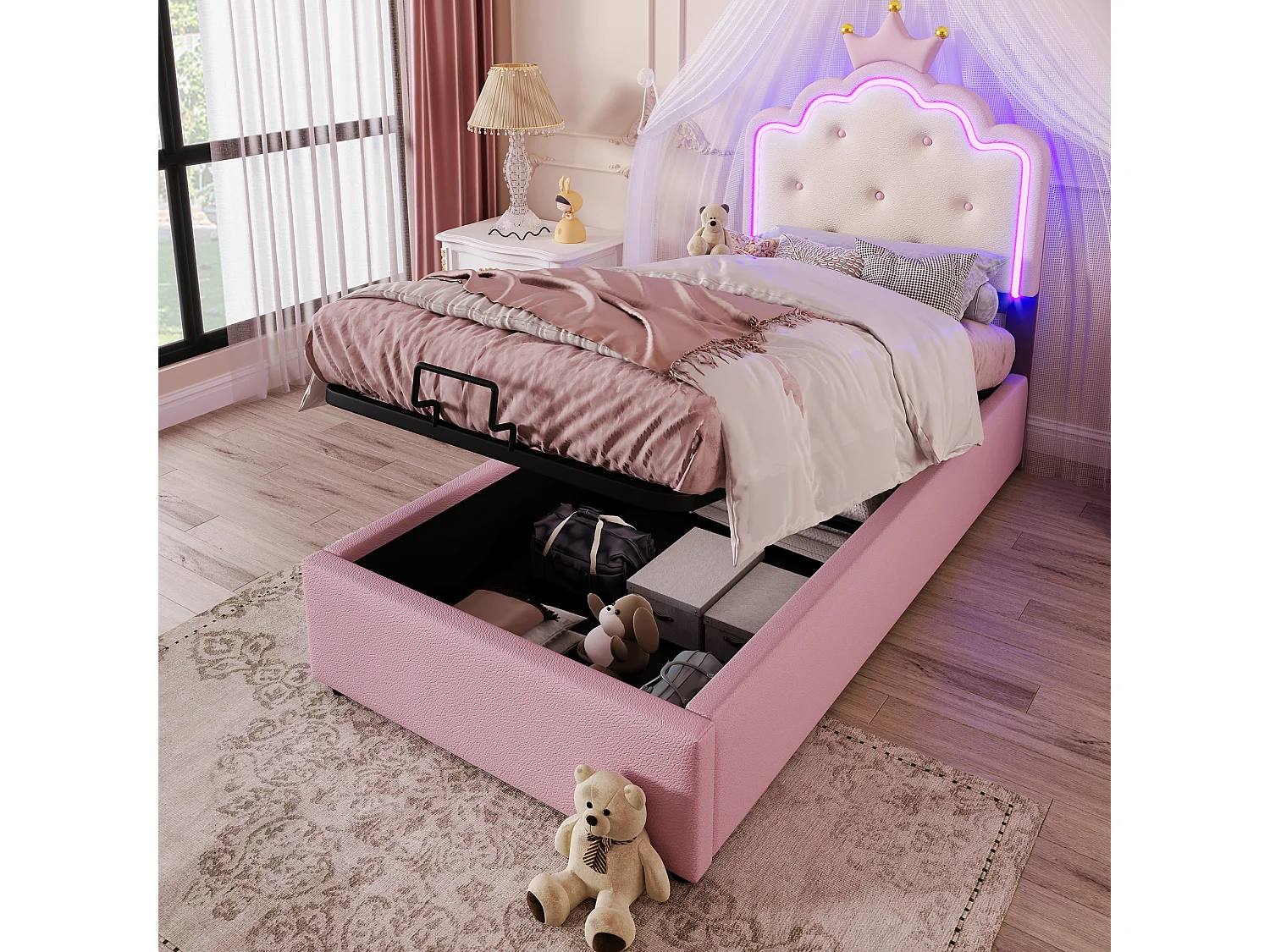 Bettkasten 90 x 200 cm mit Kronenkopfteil – PU-Leder – LEDs – Lattenrost – Rosa (Ohne Matratze)