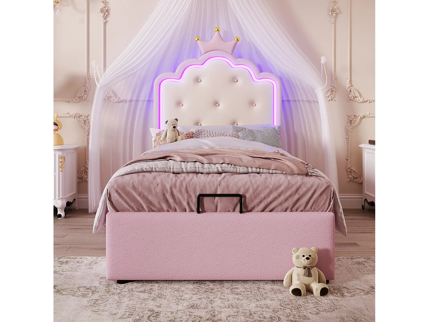 Bettkasten 90 x 200 cm mit Kronenkopfteil – PU-Leder – LEDs – Lattenrost – Rosa (Ohne Matratze)