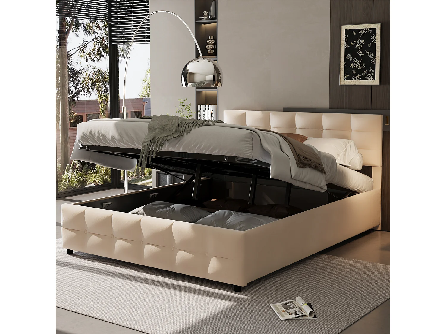 Opbergbed 180 x 200 cm met hoofdeinde - Fluweel - Lattenbodem - Beige