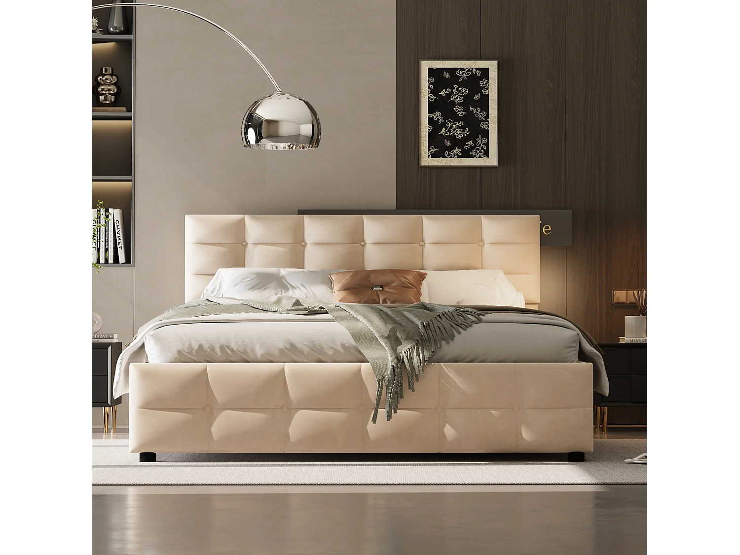 Opbergbed 180 x 200 cm met hoofdeinde - Fluweel - Lattenbodem - Beige