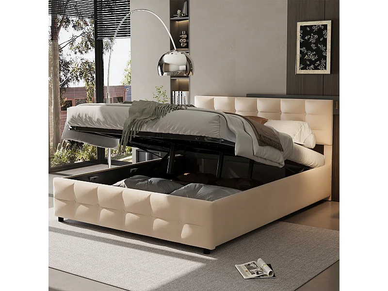 Lit coffre 180 x 200 cm avec tête de lit - Velours - Sommier à lattes - Beige