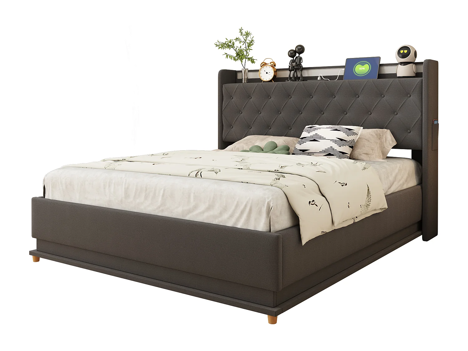 Letto contenitore 140 x 200 cm con testiera - LED e USB - Tessuto di lino - Rete a doghe - Grigio