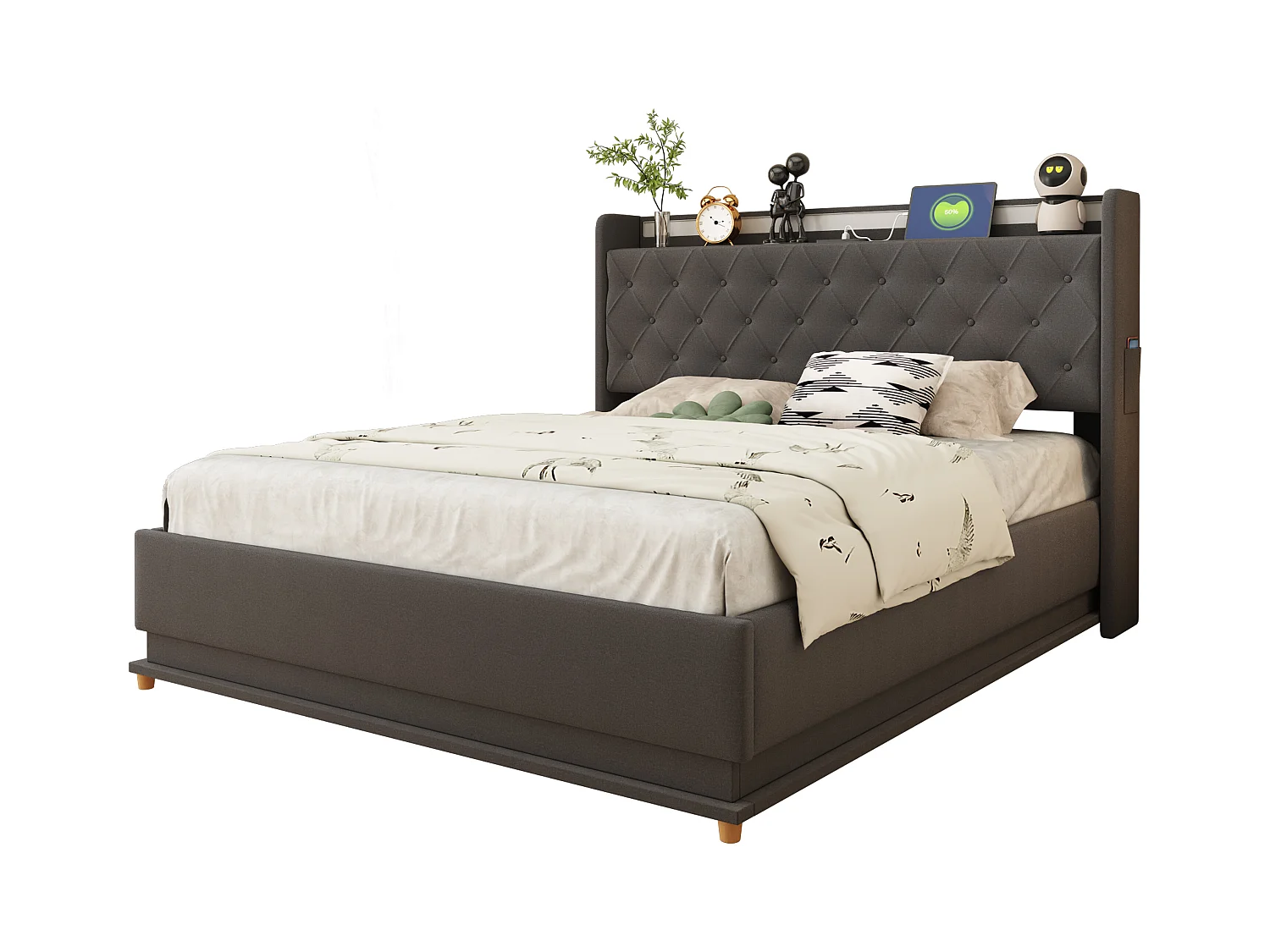 Lit coffre 140 x 200 cm avec tête de lit - LEDs et USB - Tissu en lin - Sommier à lattes - Gris