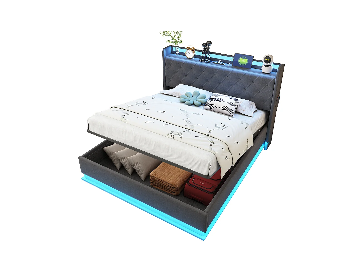 Lit coffre 140 x 200 cm avec tête de lit - LEDs et USB - Tissu en lin - Sommier à lattes - Gris