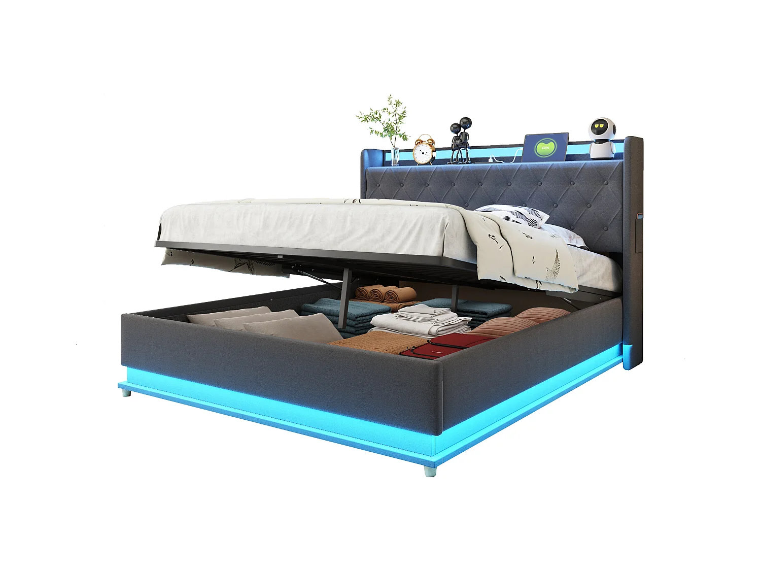 Lit coffre 140 x 200 cm avec tête de lit - LEDs et USB - Tissu en lin - Sommier à lattes - Gris