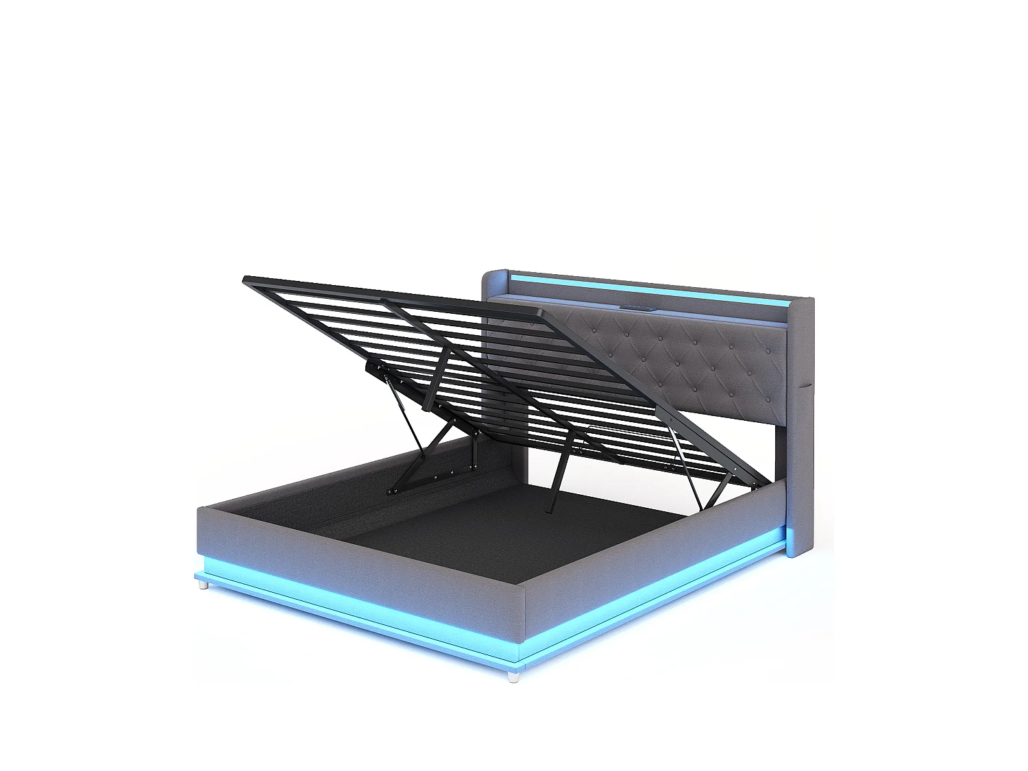 Lit coffre 140 x 200 cm avec tête de lit - LEDs et USB - Tissu en lin - Sommier à lattes - Gris