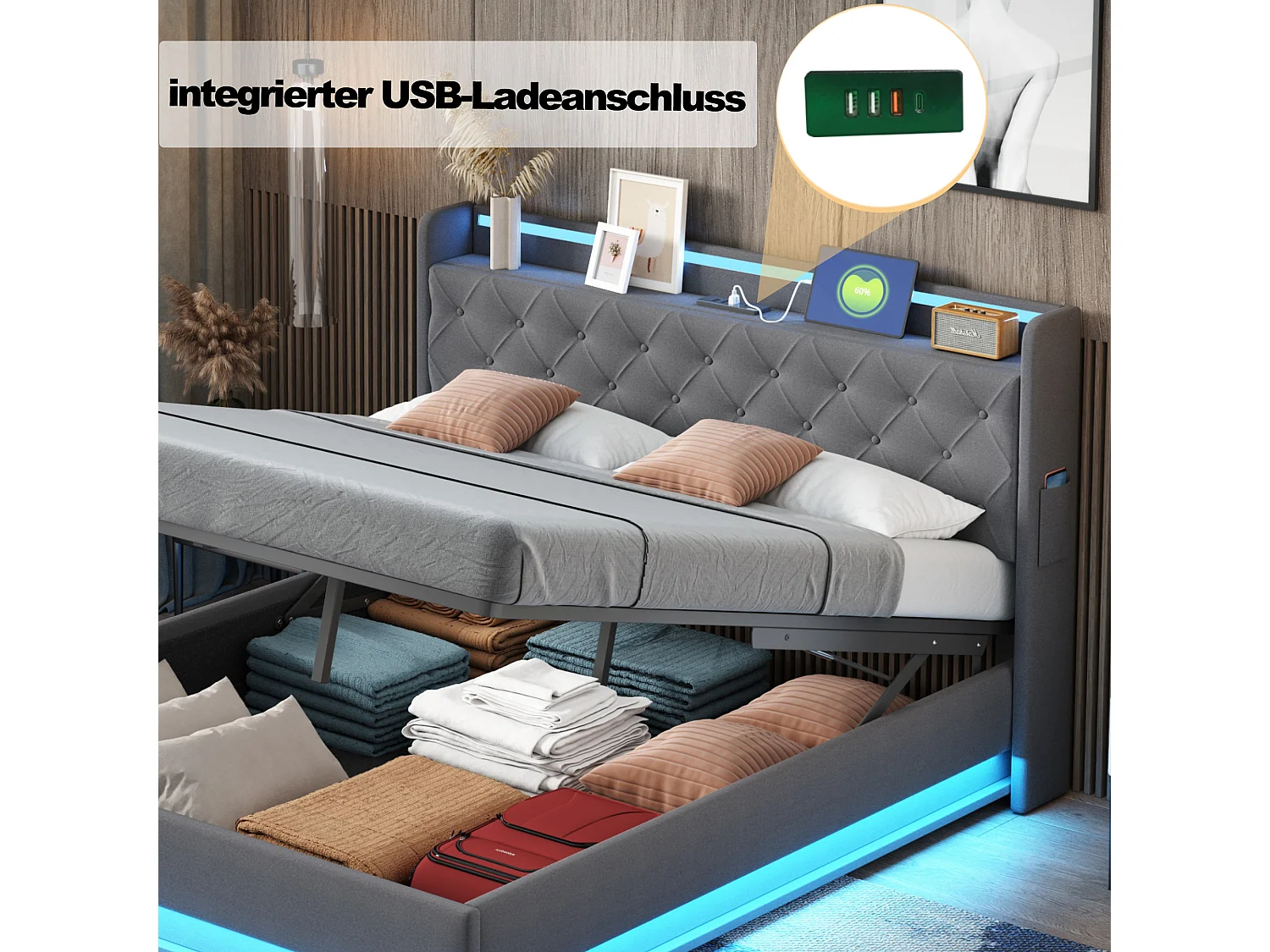 Lit coffre 140 x 200 cm avec tête de lit - LEDs et USB - Tissu en lin - Sommier à lattes - Gris