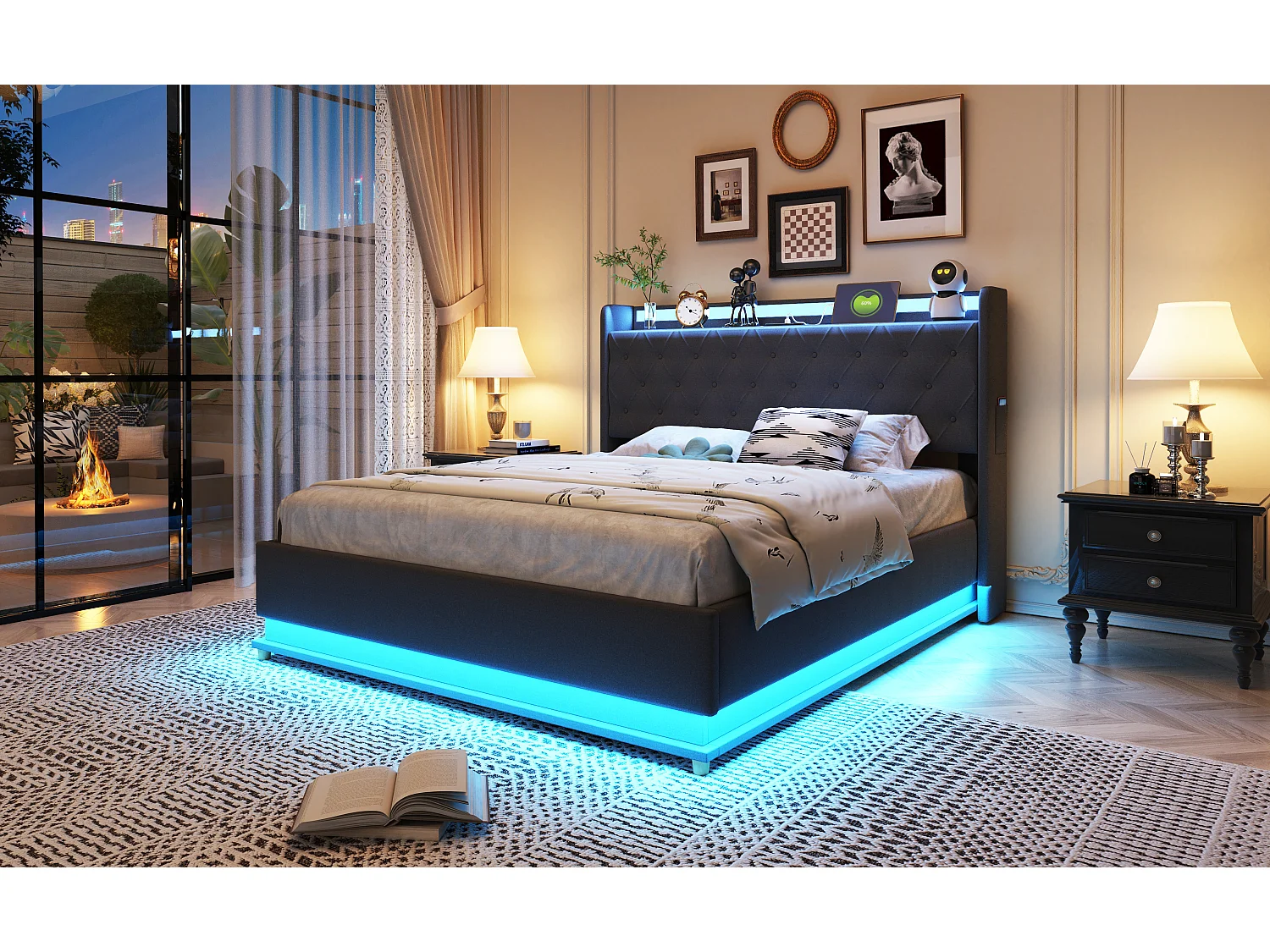 Lit coffre 140 x 200 cm avec tête de lit - LEDs et USB - Tissu en lin - Sommier à lattes - Gris