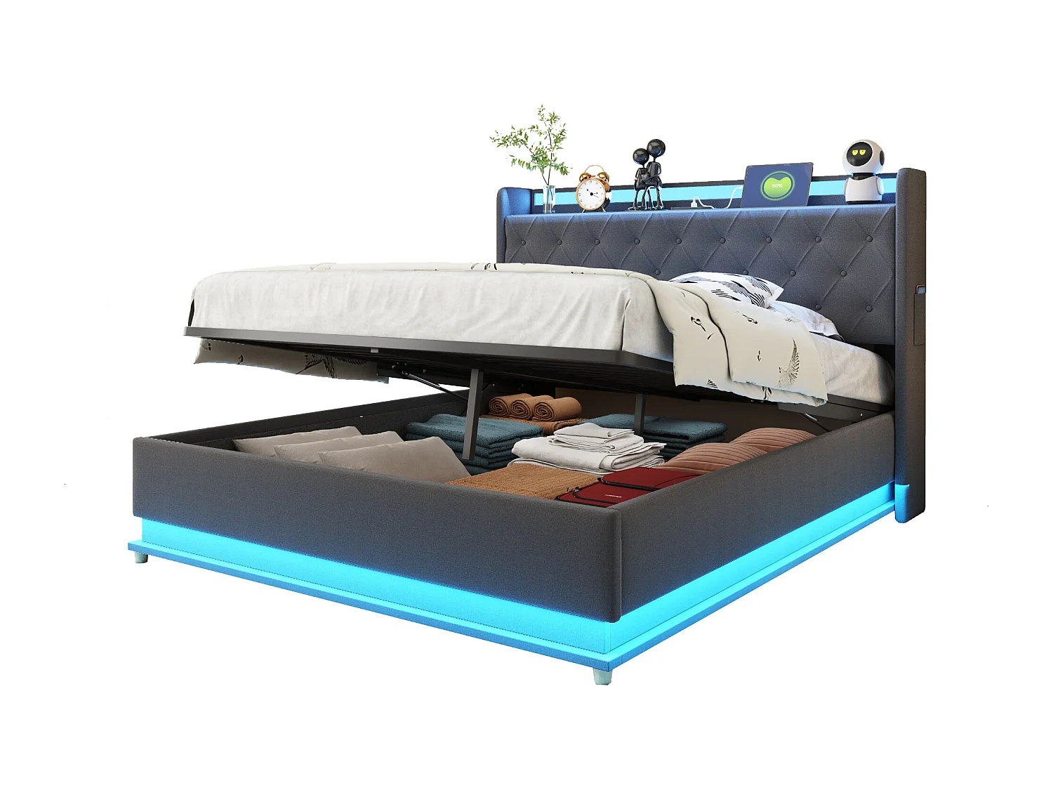 Lit coffre 140 x 200 cm avec tête de lit - LEDs et USB - Tissu en lin - Sommier à lattes - Gris