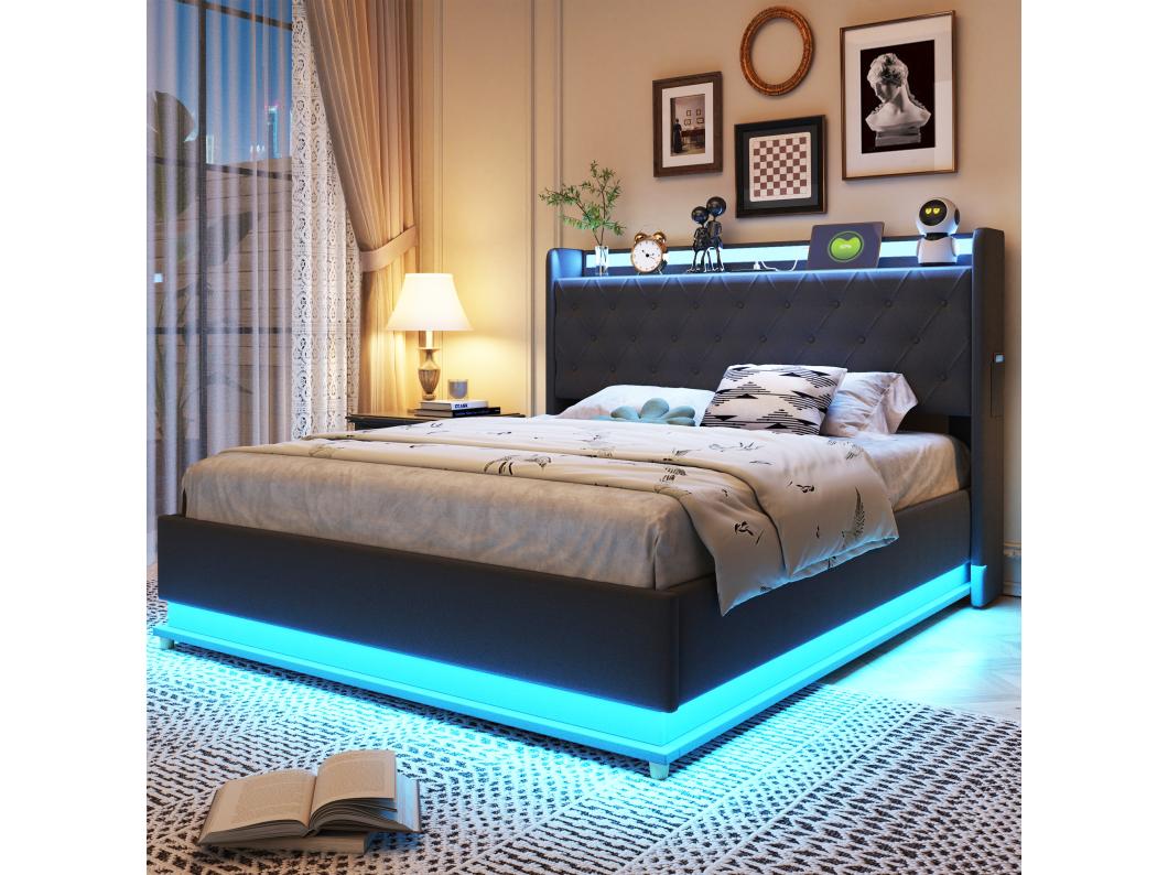 Opbergbed 140 x 200 cm met hoofdeinde - LED's en USB - Linnenstof - Lattenbodem - Grijs