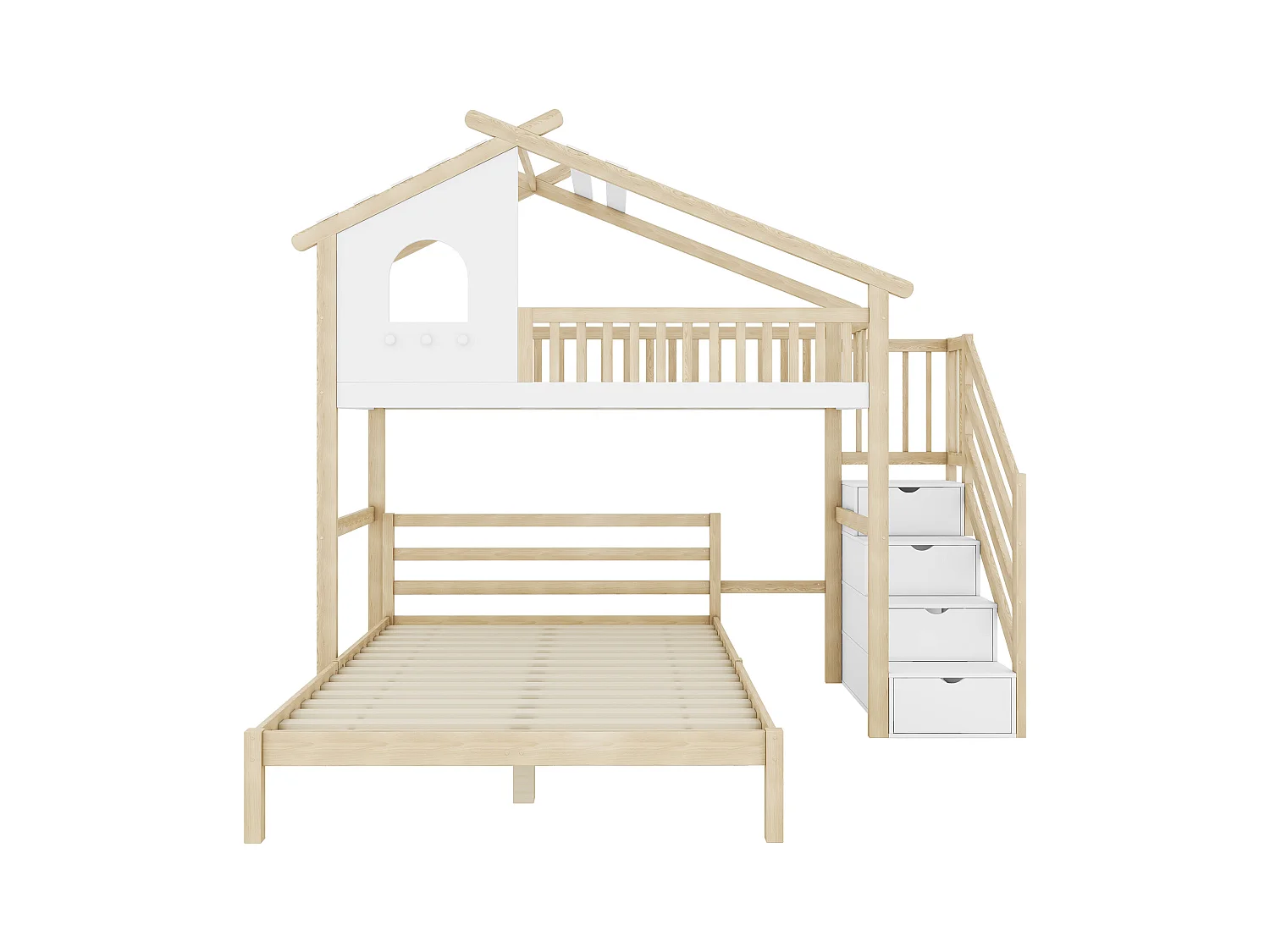 Stapelbedden 140 x 200 cm + 90 x 200 cm met 4 laden en raam - Grenen + MDF - Natuurlijk hout en witte kleuren