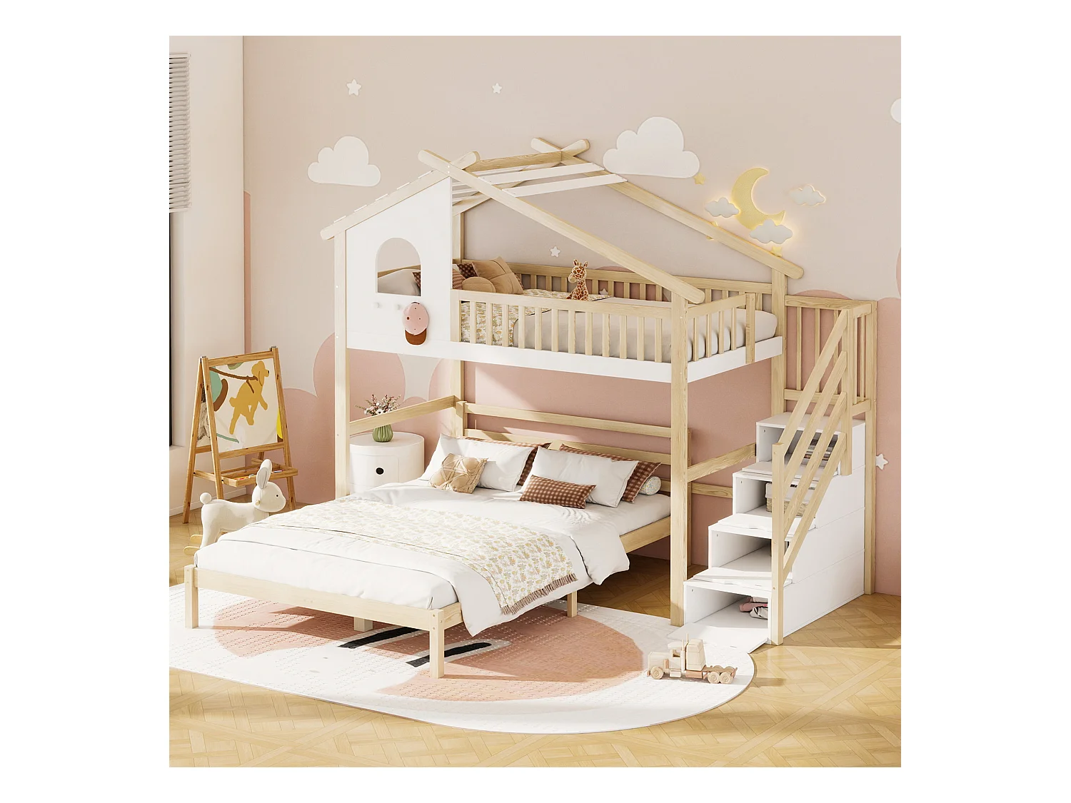 Stapelbedden 140 x 200 cm + 90 x 200 cm met 4 laden en raam - Grenen + MDF - Natuurlijk hout en witte kleuren