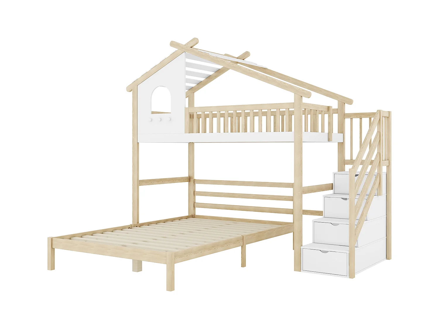 Stapelbedden 140 x 200 cm + 90 x 200 cm met 4 laden en raam - Grenen + MDF - Natuurlijk hout en witte kleuren