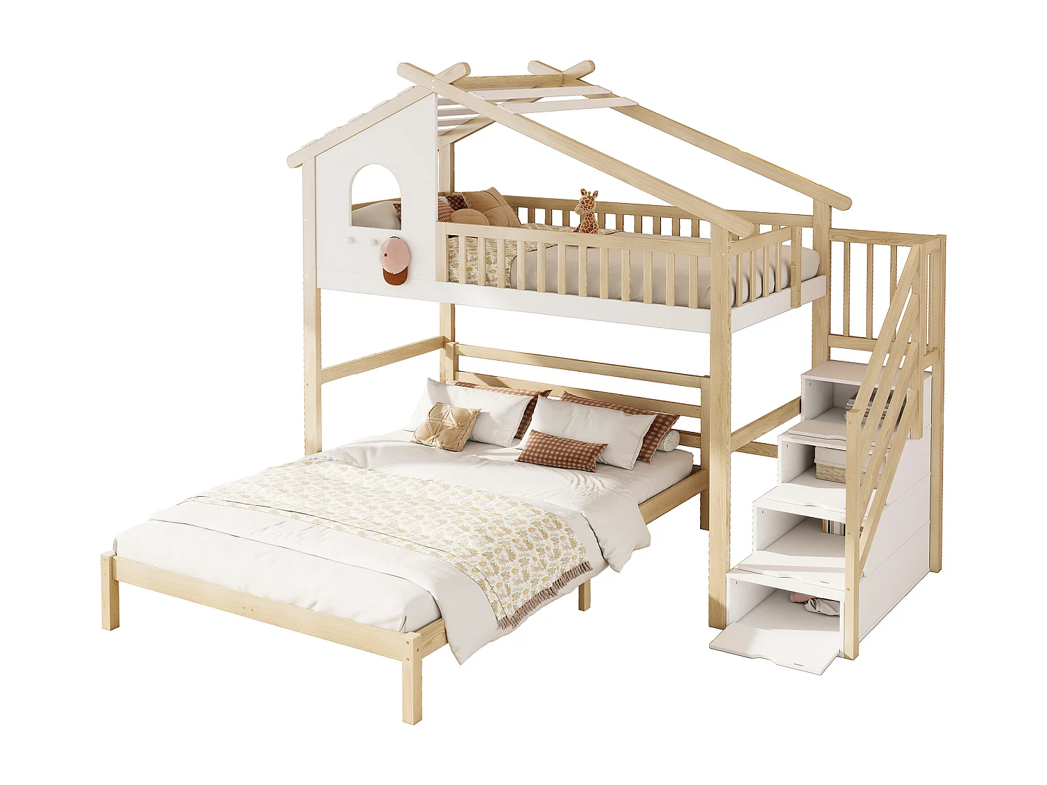 Stapelbedden 140 x 200 cm + 90 x 200 cm met 4 laden en raam - Grenen + MDF - Natuurlijk hout en witte kleuren