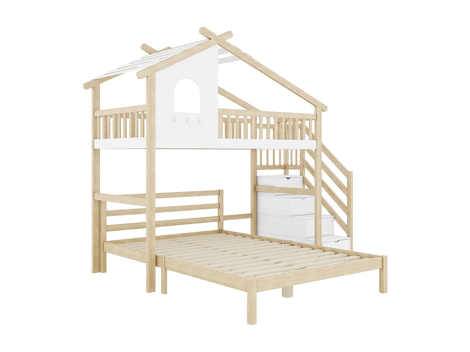 Stapelbedden 140 x 200 cm + 90 x 200 cm met 4 laden en raam - Grenen + MDF - Natuurlijk hout en witte kleuren