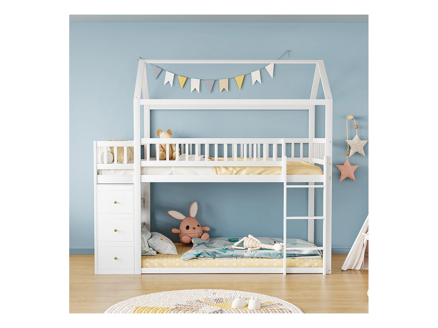 Stapelbedden 2 x 90 x 200 cm met 3 laden en 3 opbergplanken - Grenen + multiplex + MDF - Witte kleur