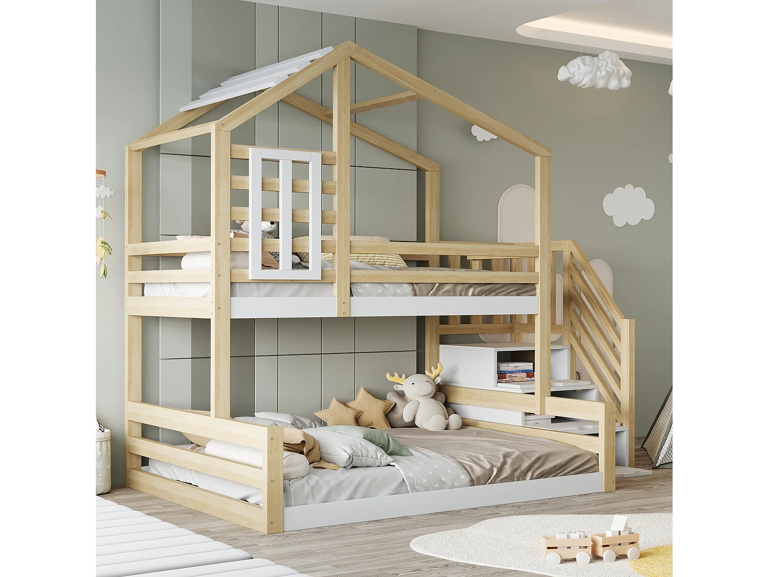 Etagenbetten 2 x 90 x 200 cm mit 3 Schubladen und Fenster – Kiefer + MDF – Naturholz und weiße Farben